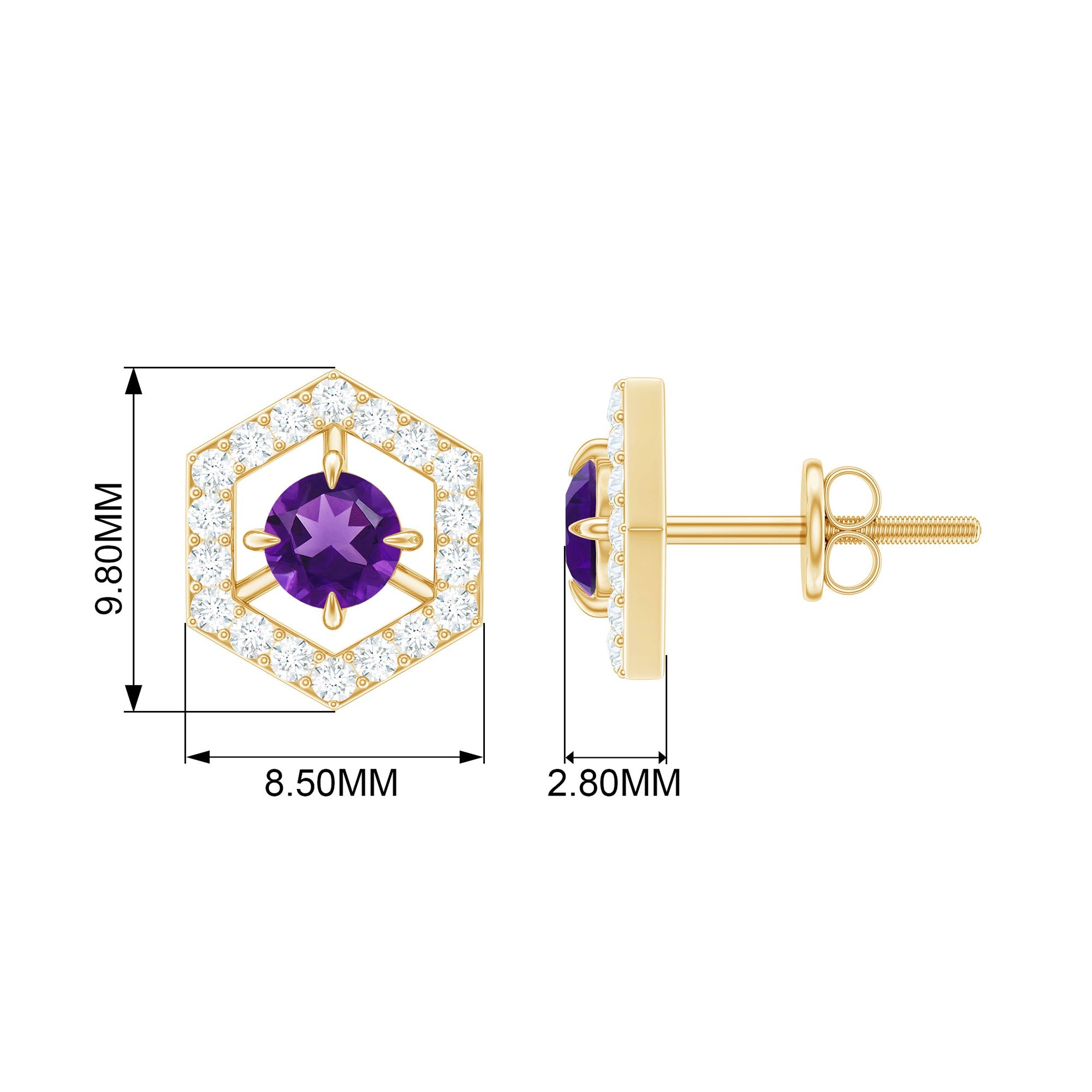 Amethyst Stud Earrings – Minimalist Geometric Design with Diamond Accents