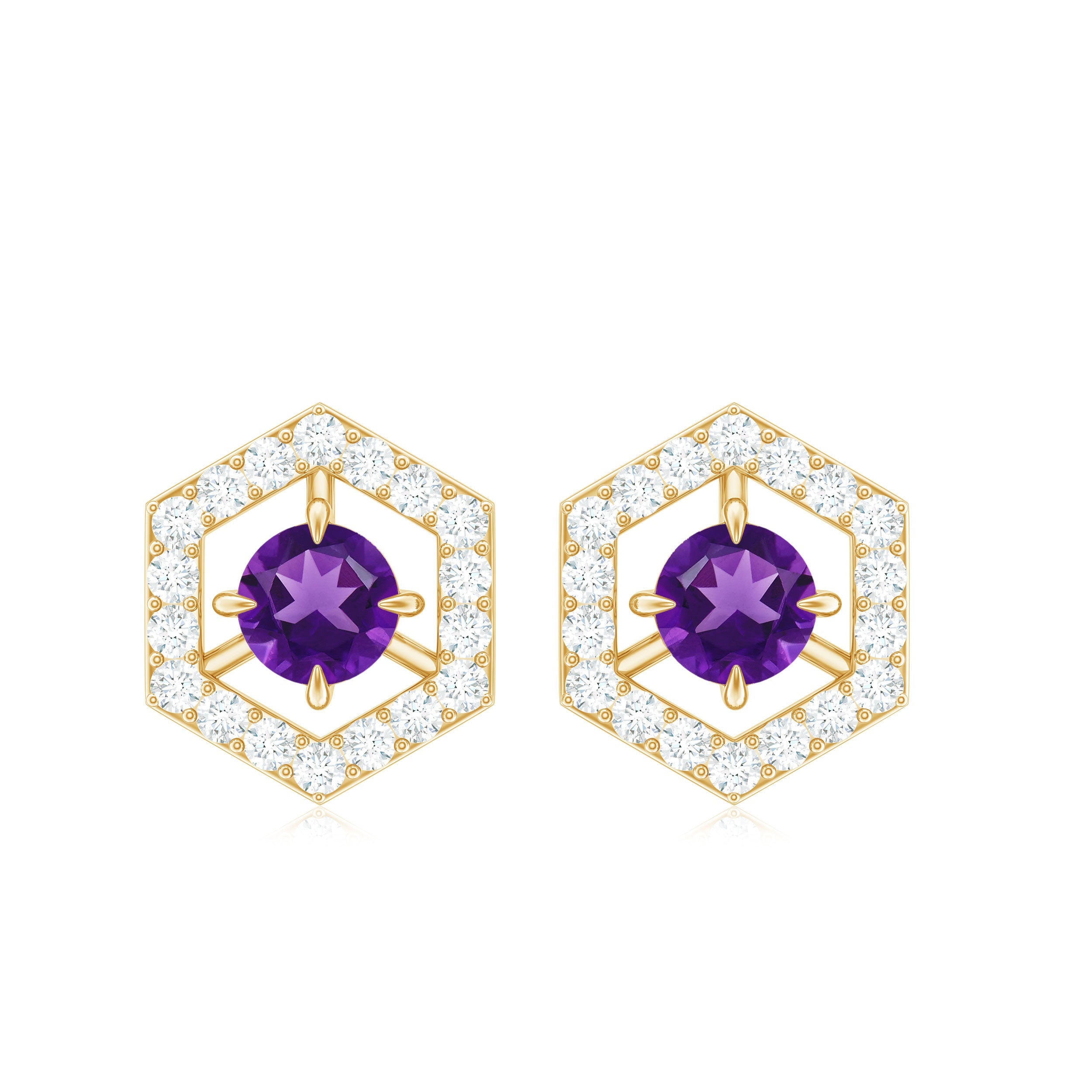 Amethyst Stud Earrings – Minimalist Geometric Design with Diamond Accents