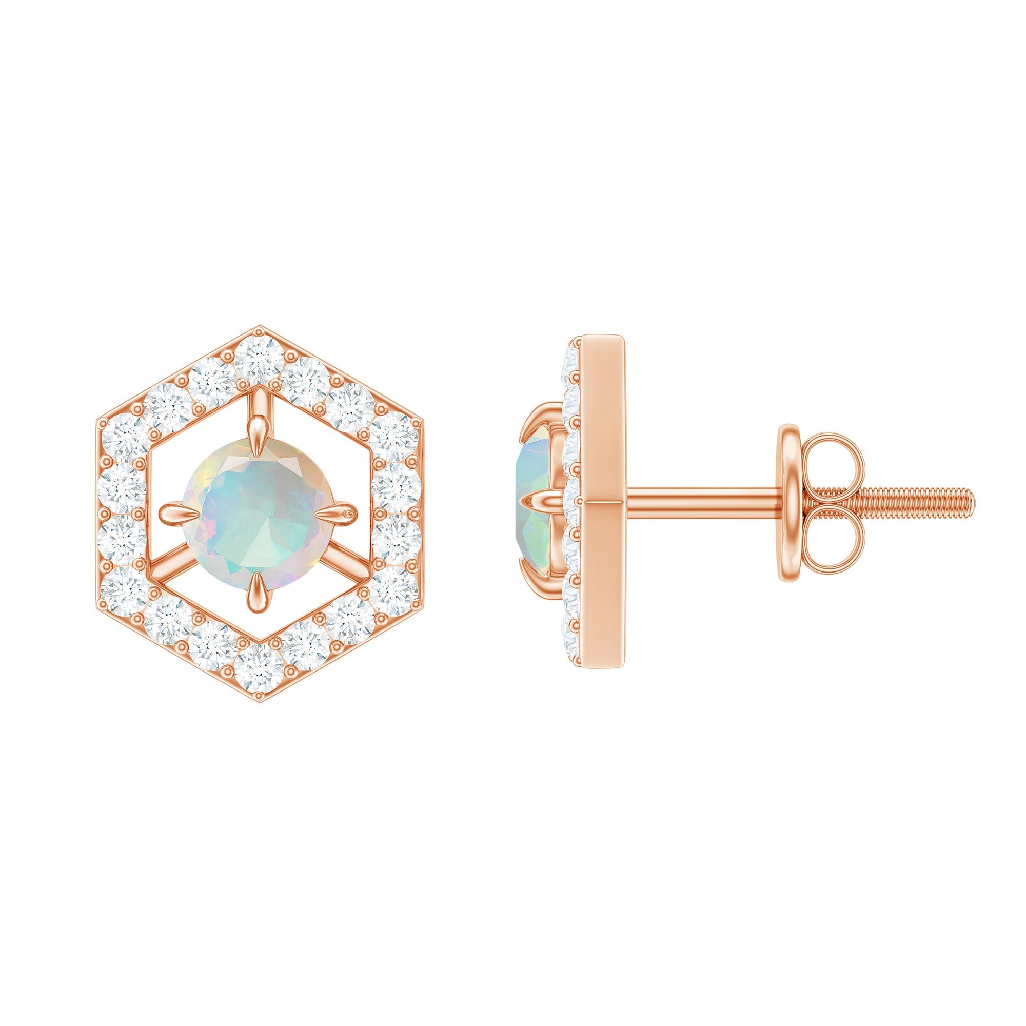 Ethiopian Opal Stud Earrings - Minimalist Gold Geometric Studs with Diamond Accents