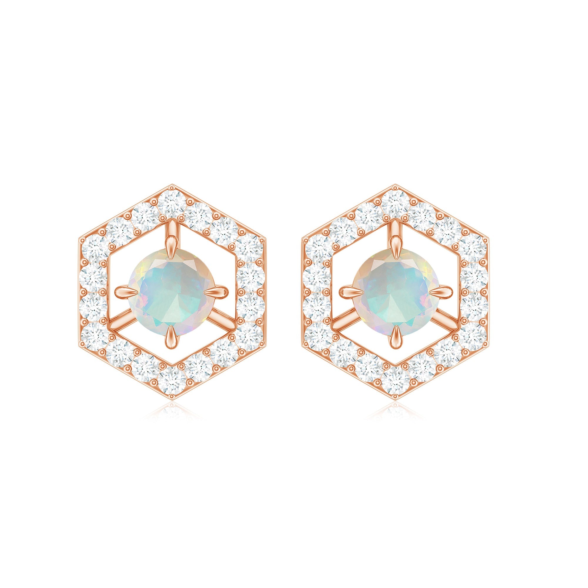 Ethiopian Opal Stud Earrings - Minimalist Gold Geometric Studs with Diamond Accents