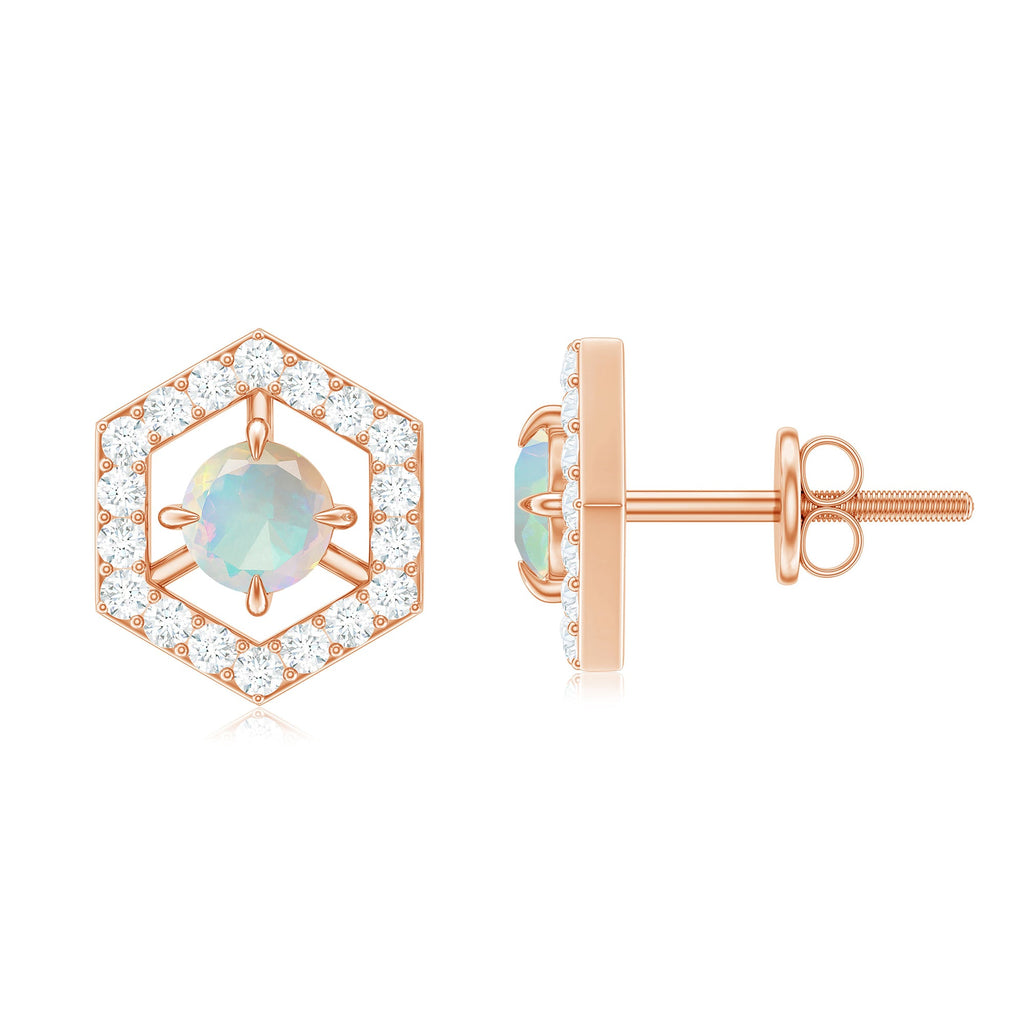 Ethiopian Opal Stud Earrings - Minimalist Gold Geometric Studs with Diamond Accents