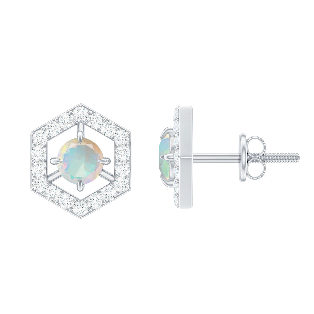 Ethiopian Opal Stud Earrings - Minimalist Gold Geometric Studs with Diamond Accents