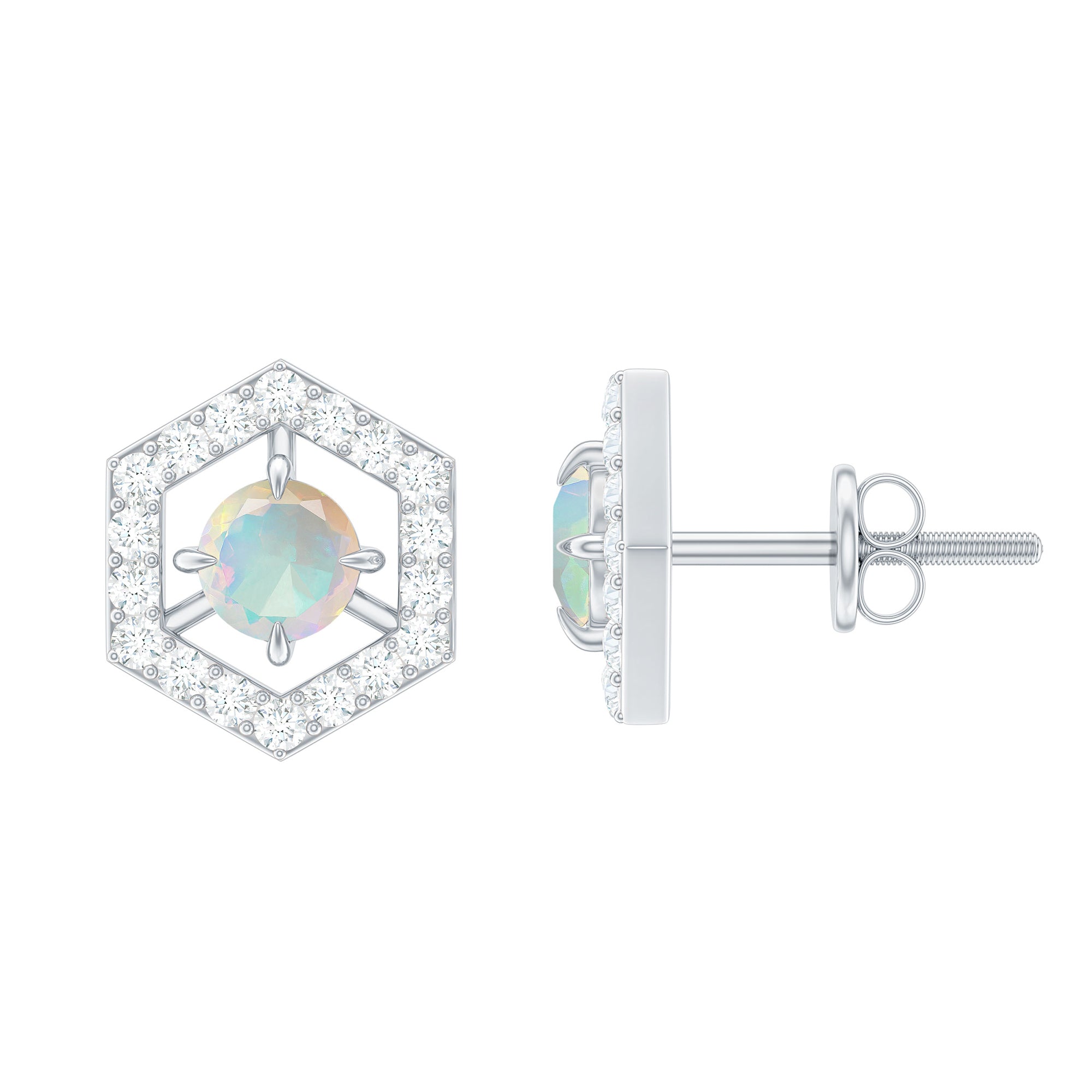 Ethiopian Opal Stud Earrings - Minimalist Gold Geometric Studs with Diamond Accents