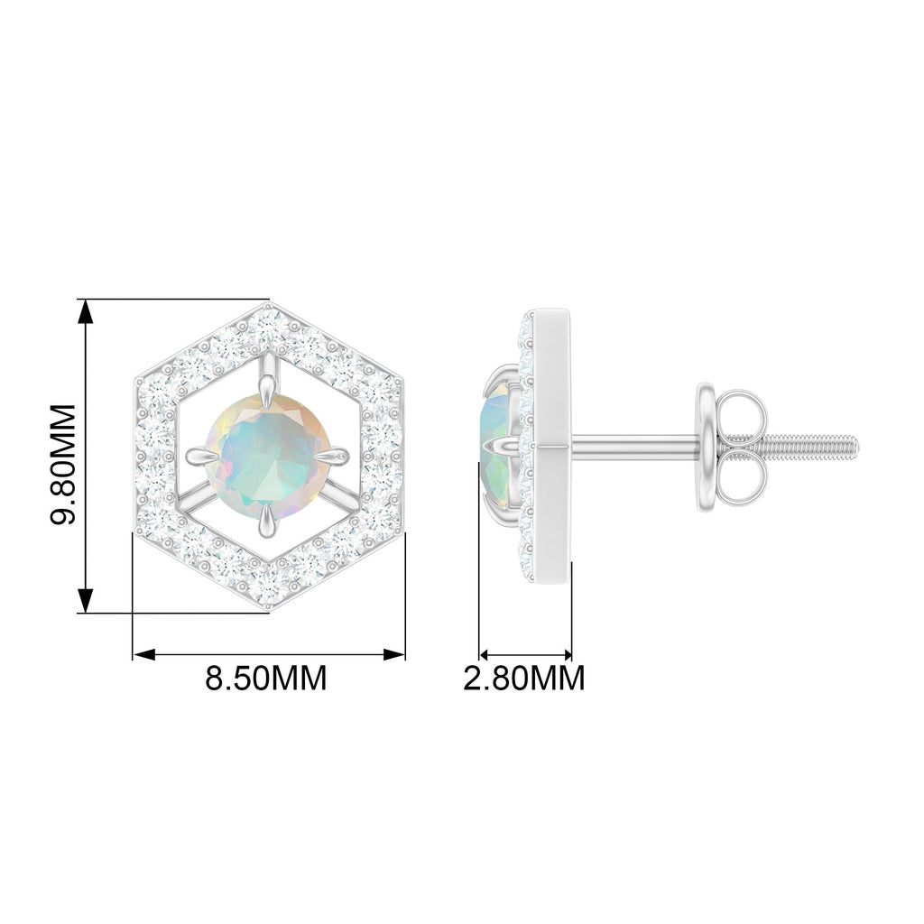 Ethiopian Opal Stud Earrings - Minimalist Gold Geometric Studs with Diamond Accents