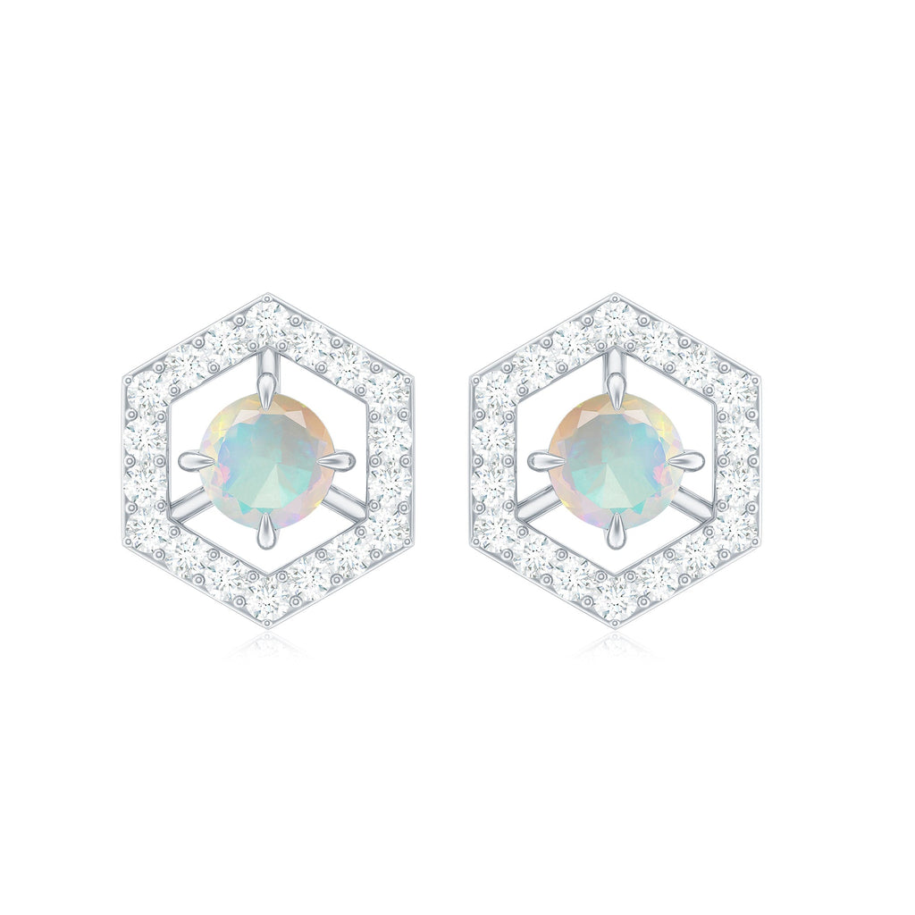 Ethiopian Opal Stud Earrings - Minimalist Gold Geometric Studs with Diamond Accents