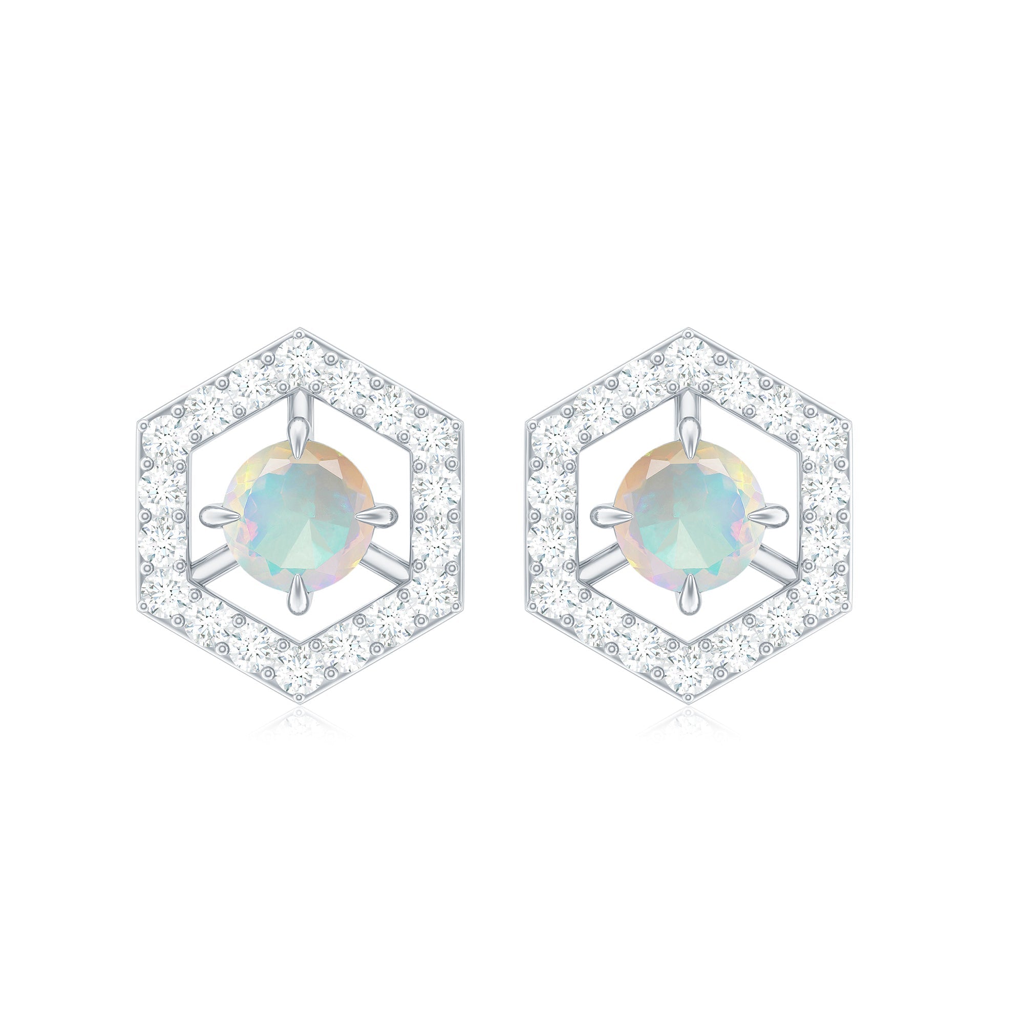 Ethiopian Opal Stud Earrings - Minimalist Gold Geometric Studs with Diamond Accents