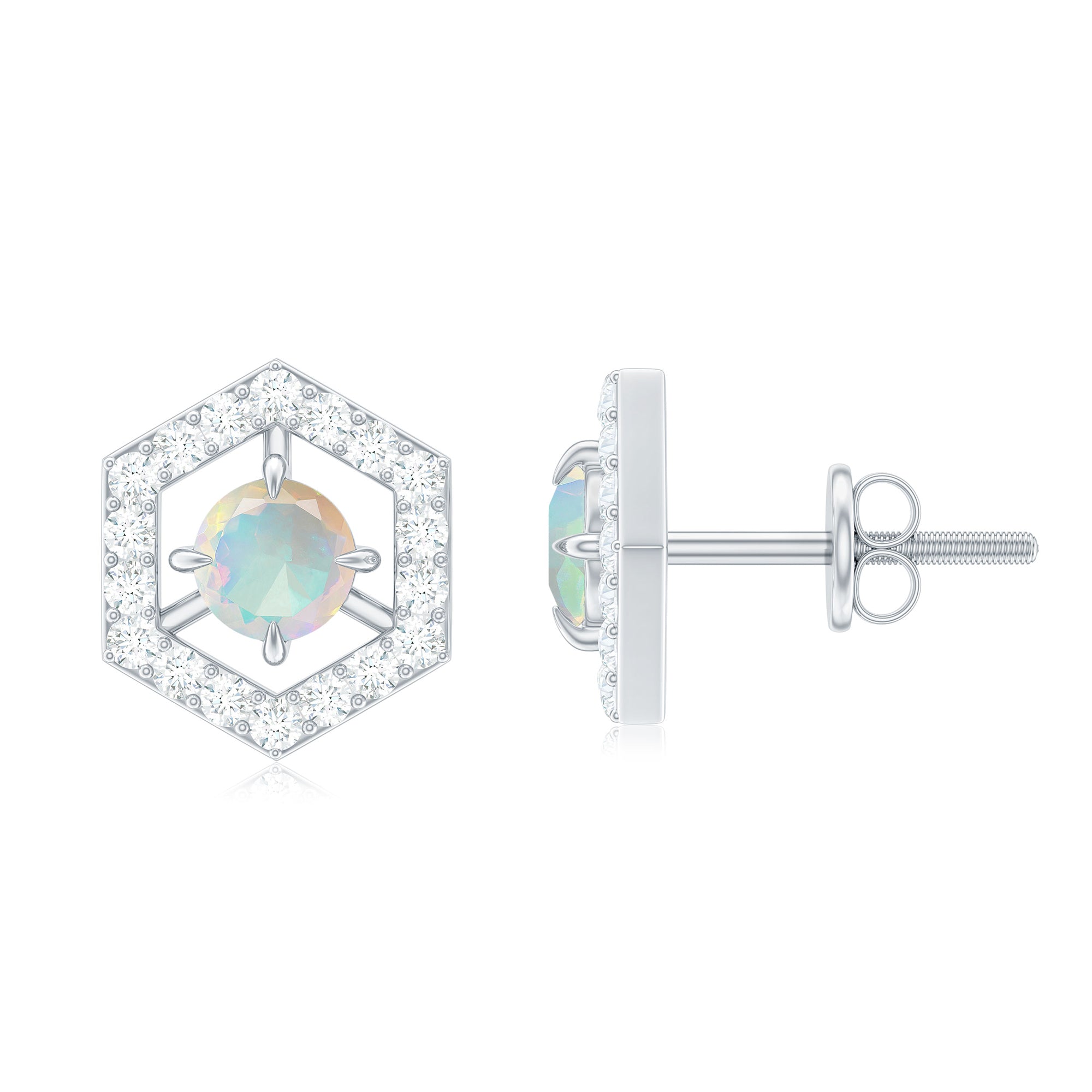 Ethiopian Opal Stud Earrings - Minimalist Gold Geometric Studs with Diamond Accents
