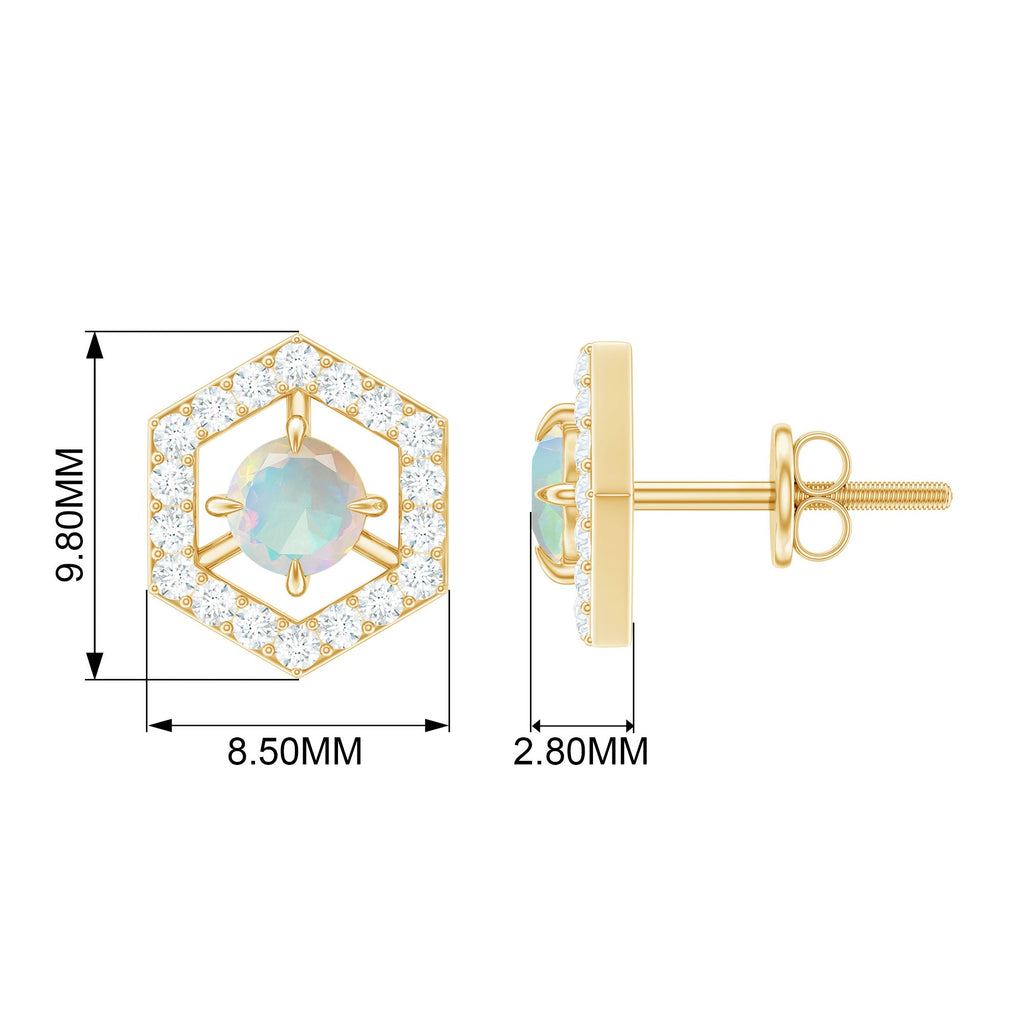 Ethiopian Opal Stud Earrings - Minimalist Gold Geometric Studs with Diamond Accents