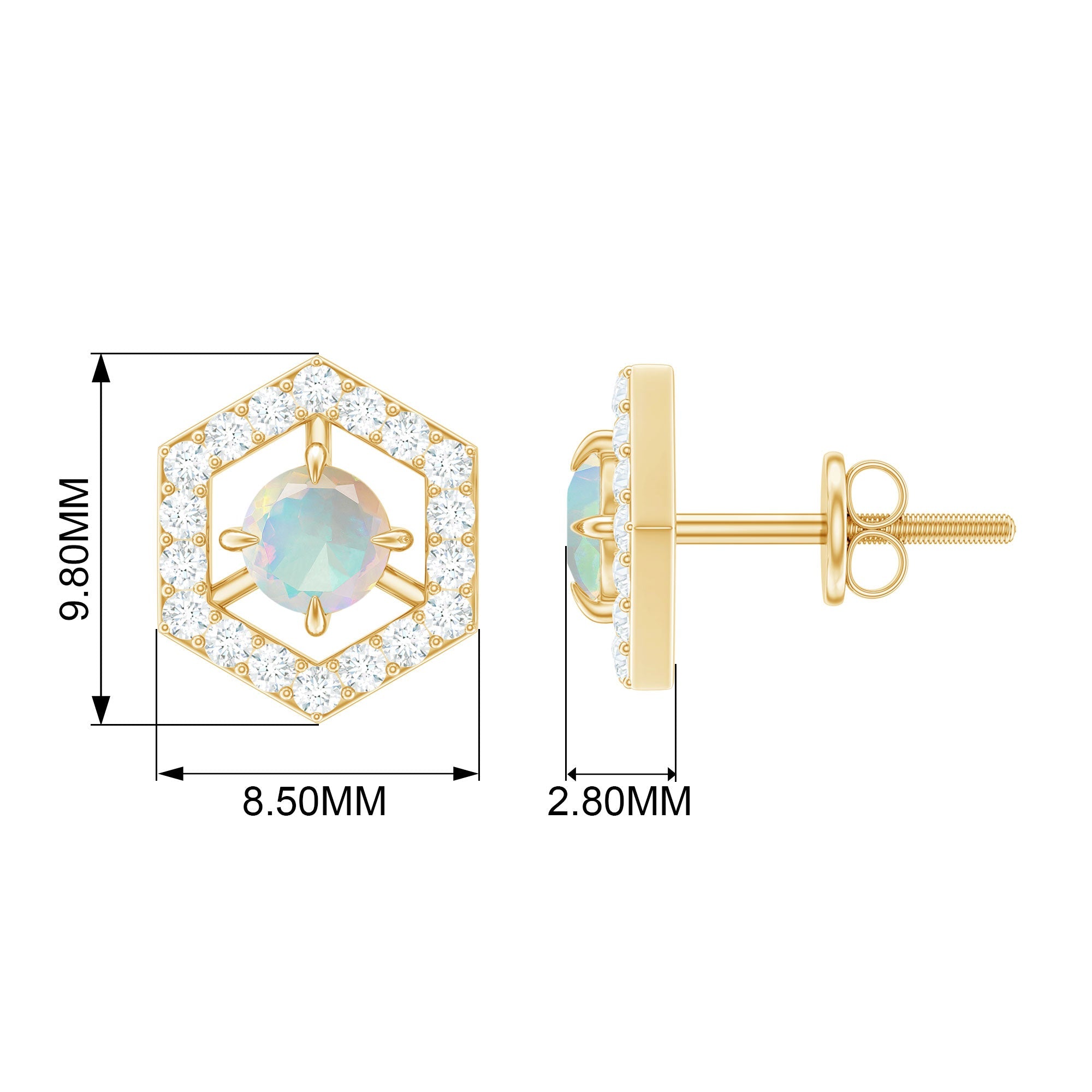 Ethiopian Opal Stud Earrings - Minimalist Gold Geometric Studs with Diamond Accents
