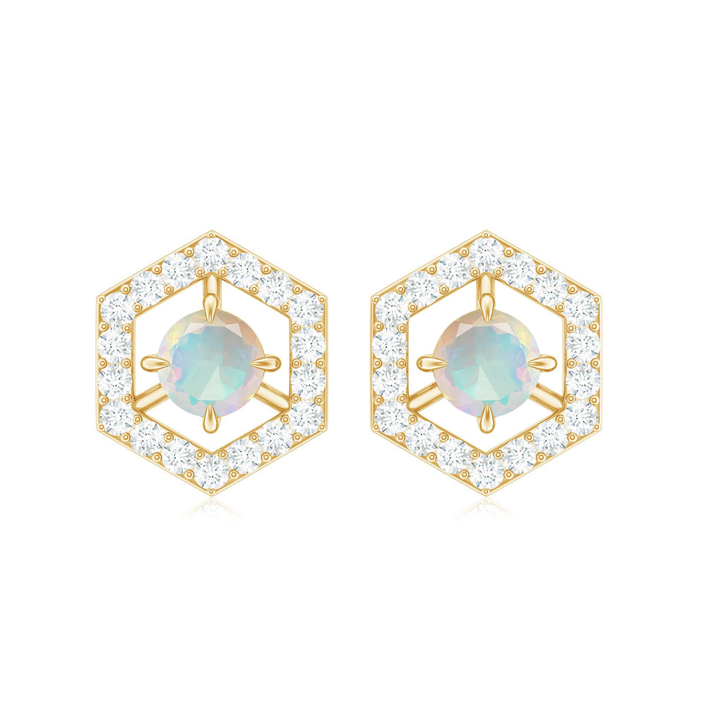 Ethiopian Opal Stud Earrings - Minimalist Gold Geometric Studs with Diamond Accents