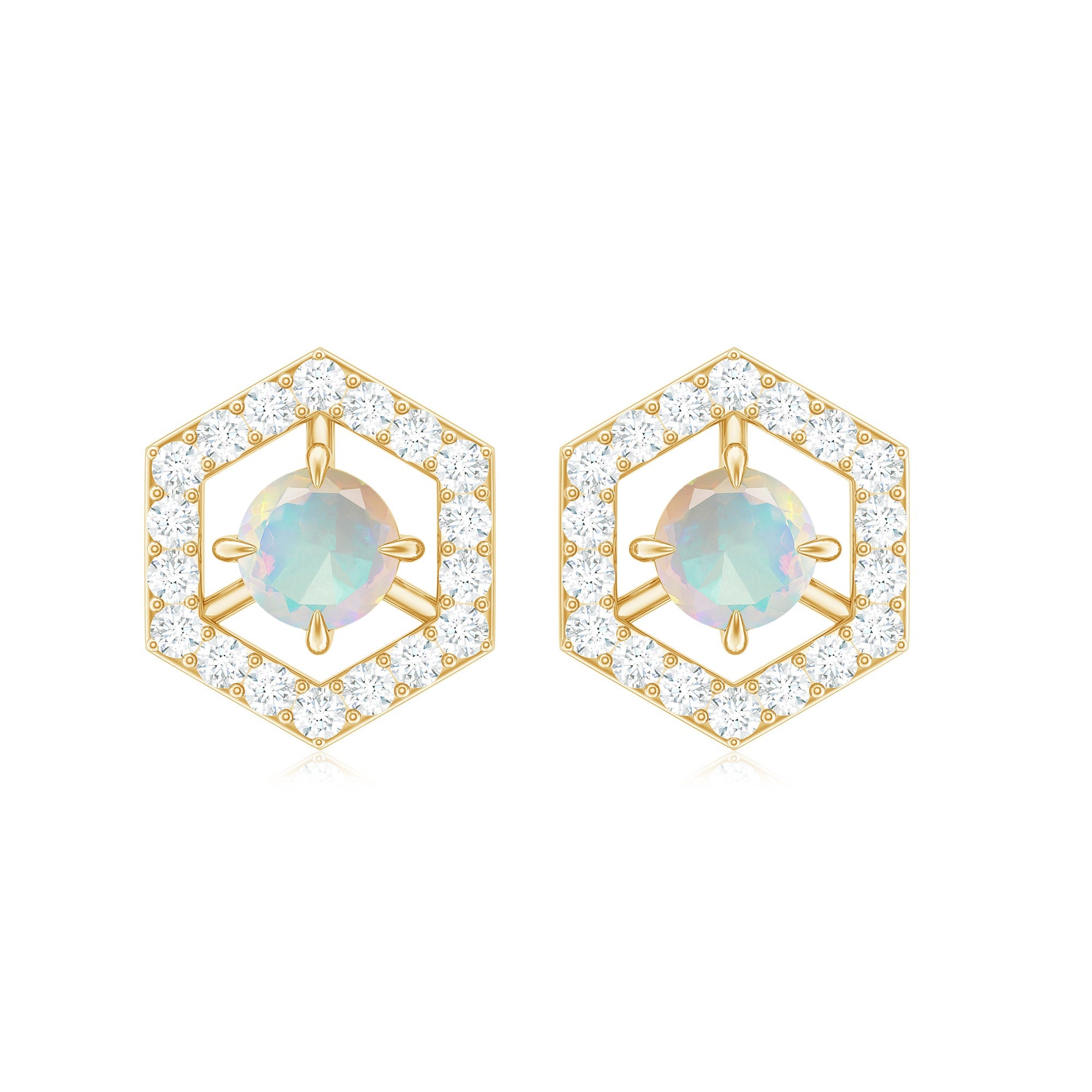 Ethiopian Opal Stud Earrings - Minimalist Gold Geometric Studs with Diamond Accents