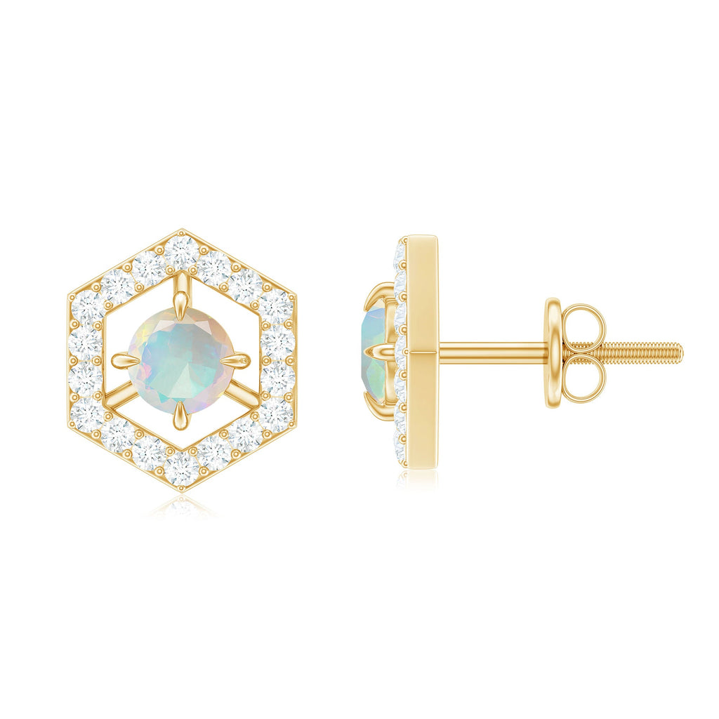 Ethiopian Opal Stud Earrings - Minimalist Gold Geometric Studs with Diamond Accents