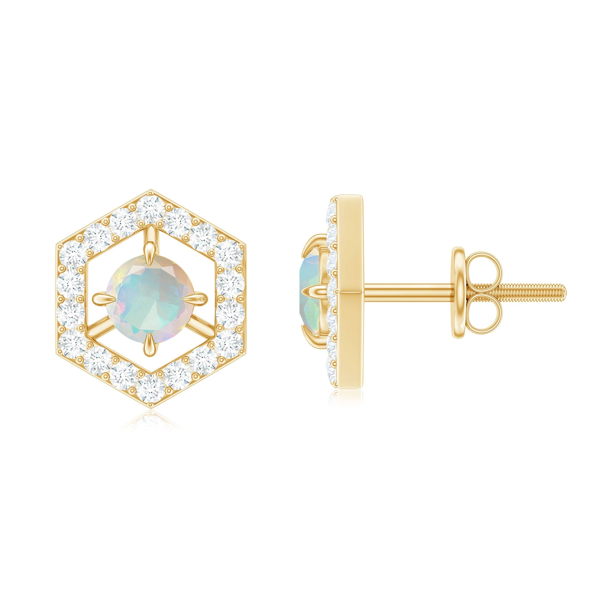 Ethiopian Opal Stud Earrings - Minimalist Gold Geometric Studs with Diamond Accents