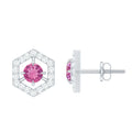 Pink Tourmaline Earrings - Geometric Studs with Diamond Accent | Solid Gold
