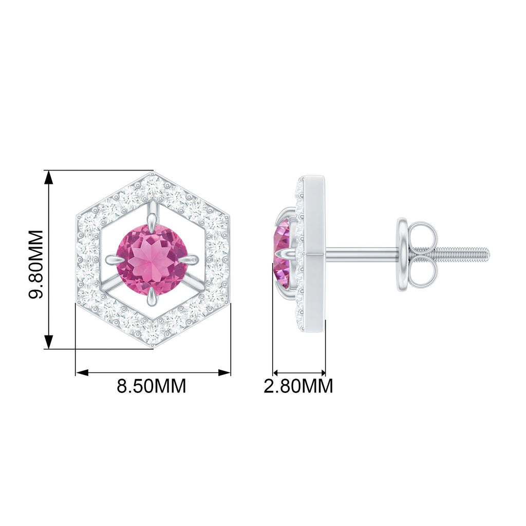 Pink Tourmaline Earrings - Geometric Studs with Diamond Accent | Solid Gold