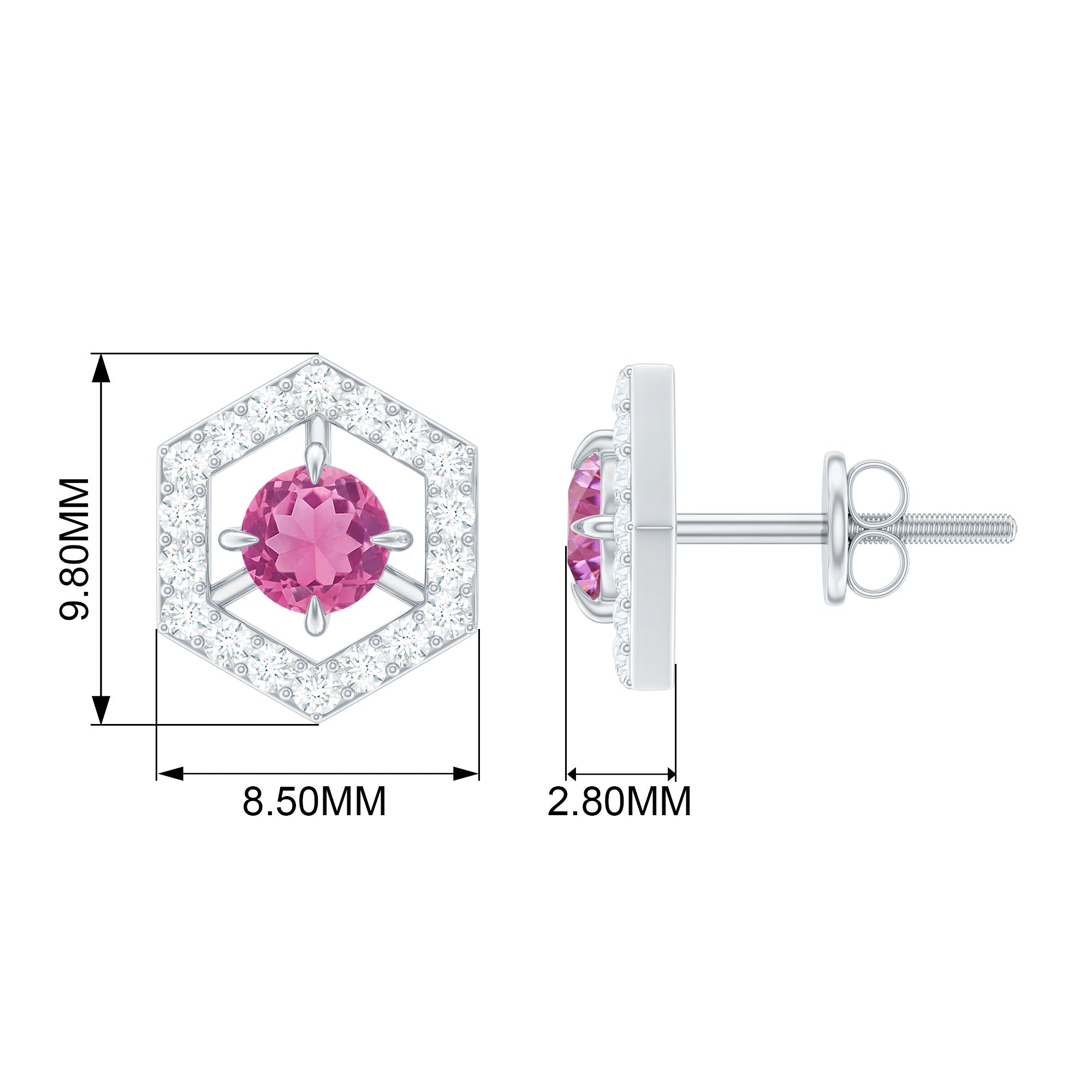 Pink Tourmaline Earrings - Geometric Studs with Diamond Accent | Solid Gold
