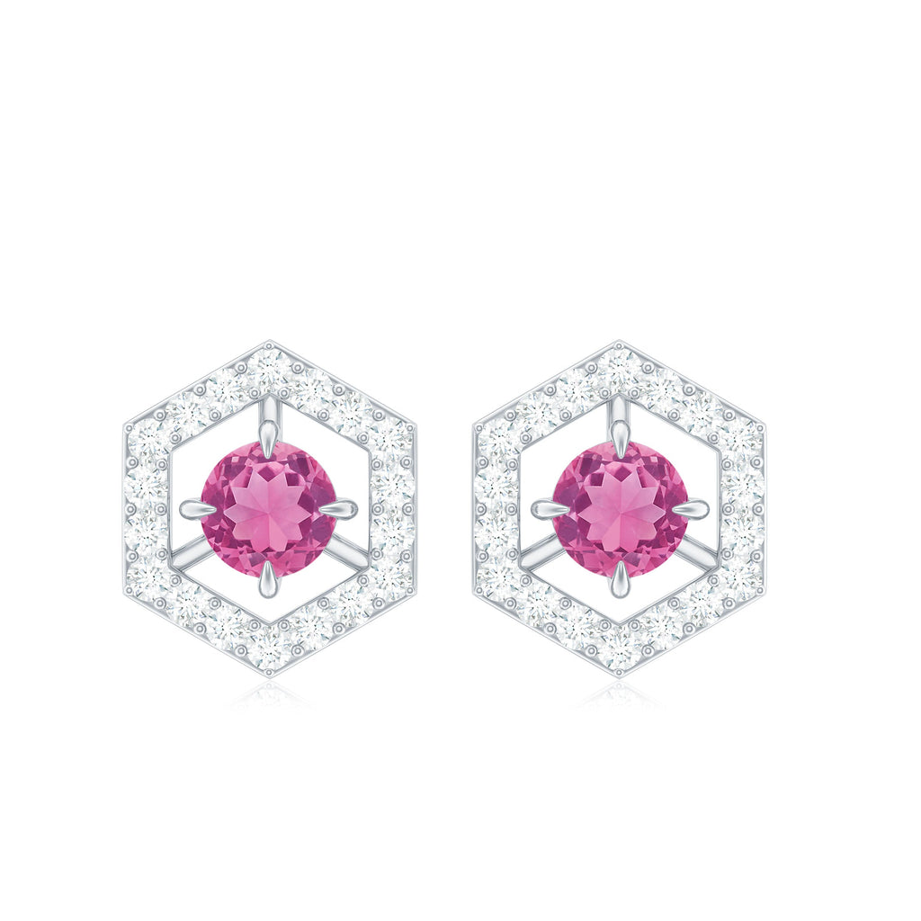 Pink Tourmaline Earrings - Geometric Studs with Diamond Accent | Solid Gold