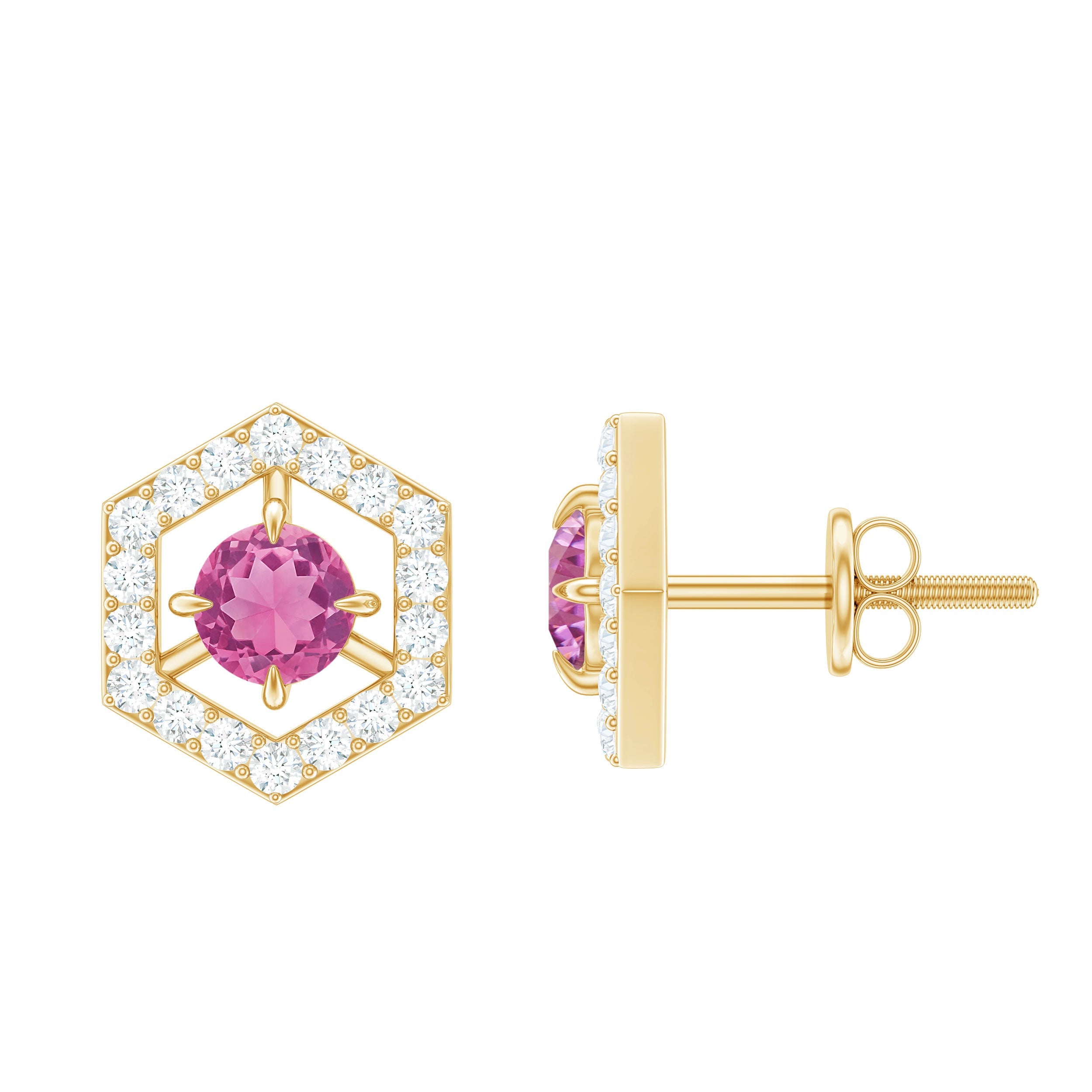 Pink Tourmaline Earrings - Geometric Studs with Diamond Accent | Solid Gold