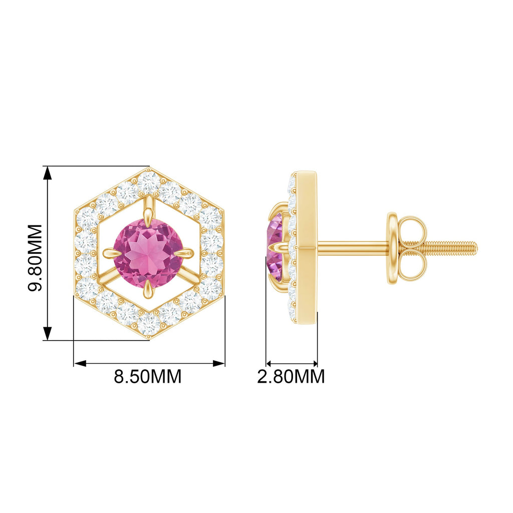 Pink Tourmaline Earrings - Geometric Studs with Diamond Accent | Solid Gold