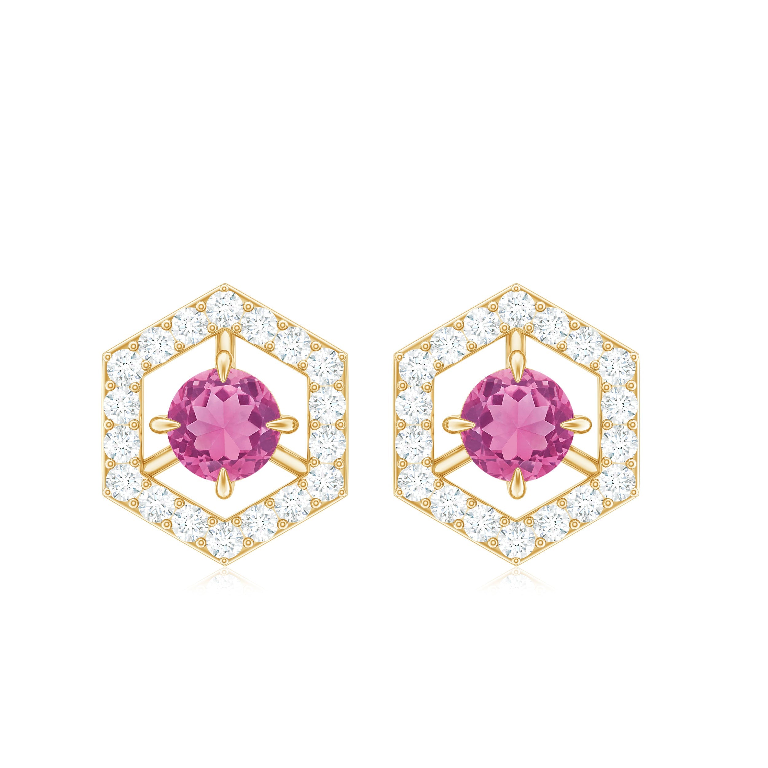 Pink Tourmaline Earrings - Geometric Studs with Diamond Accent | Solid Gold