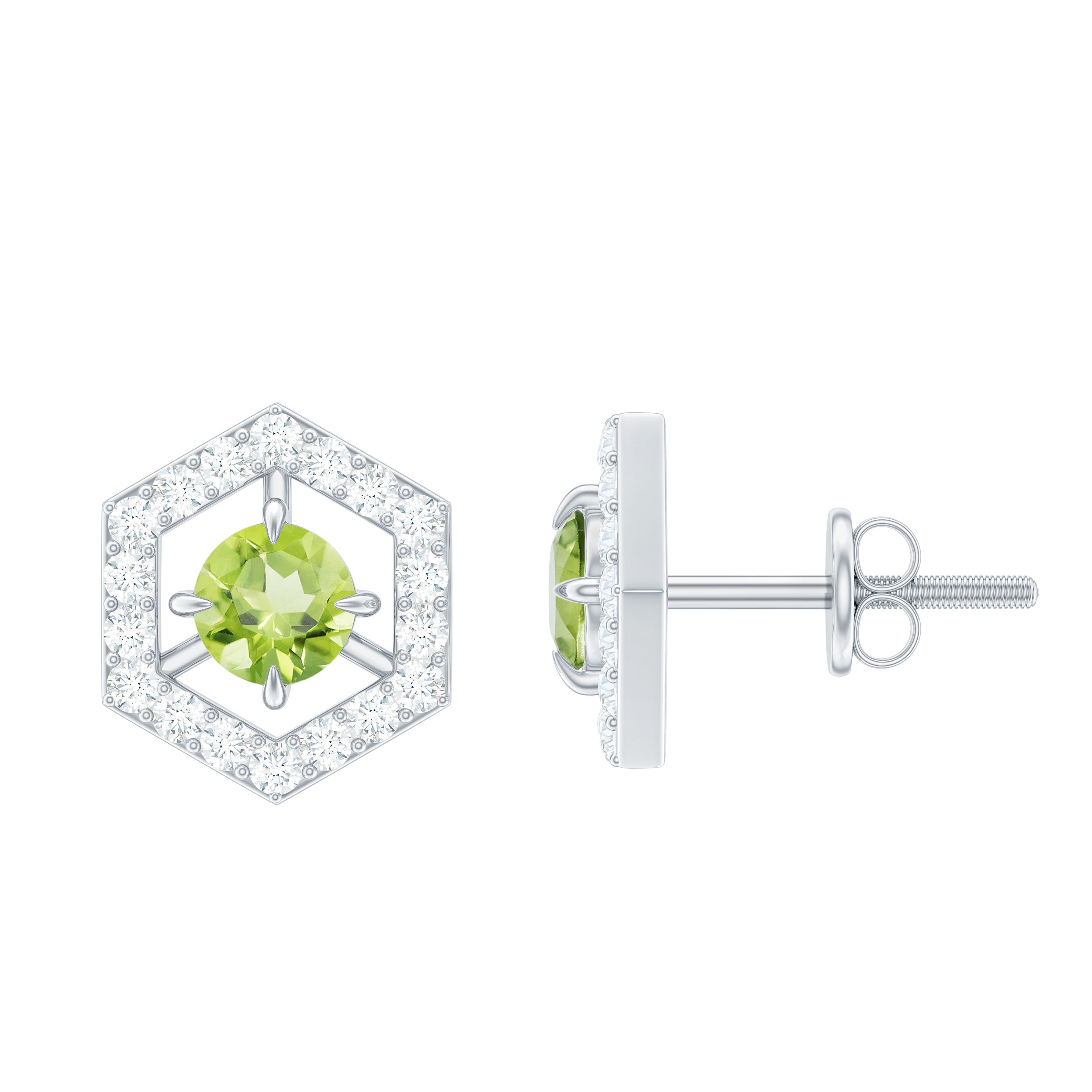 Peridot Stud Earrings - Minimalist Geometric Solid Gold With Diamond Accent