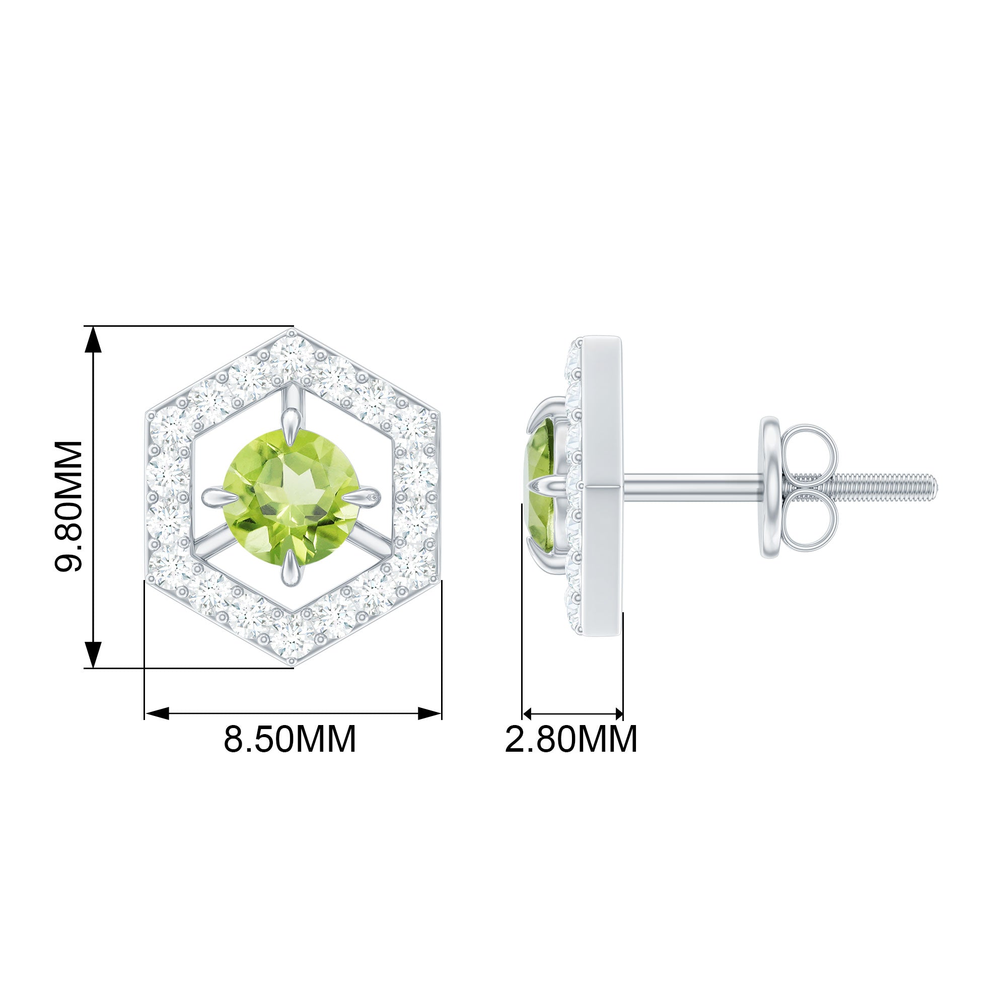 Peridot Stud Earrings - Minimalist Geometric Solid Gold With Diamond Accent