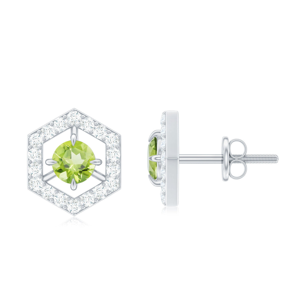 Peridot Stud Earrings - Minimalist Geometric Solid Gold With Diamond Accent