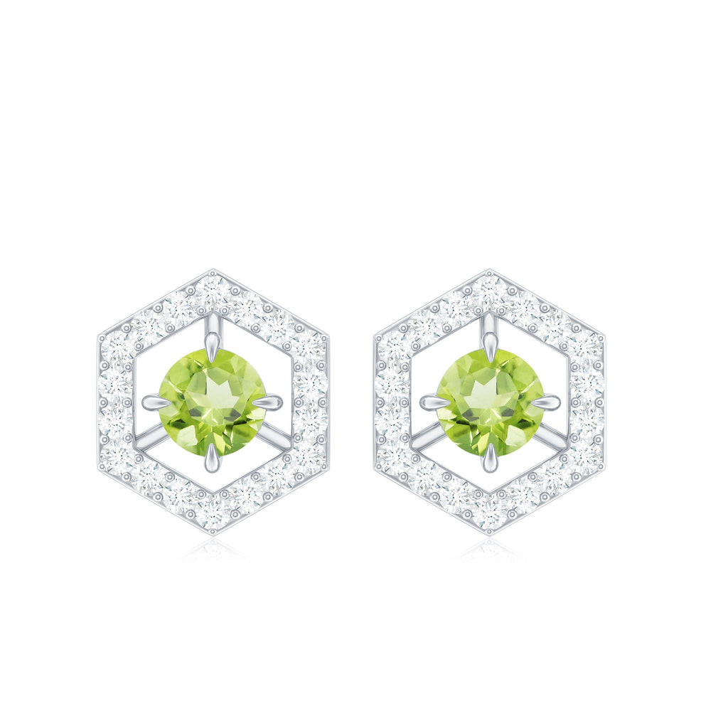 Peridot Stud Earrings - Minimalist Geometric Solid Gold With Diamond Accent