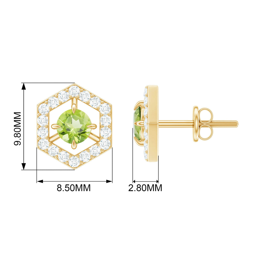 Peridot Stud Earrings - Minimalist Geometric Solid Gold With Diamond Accent