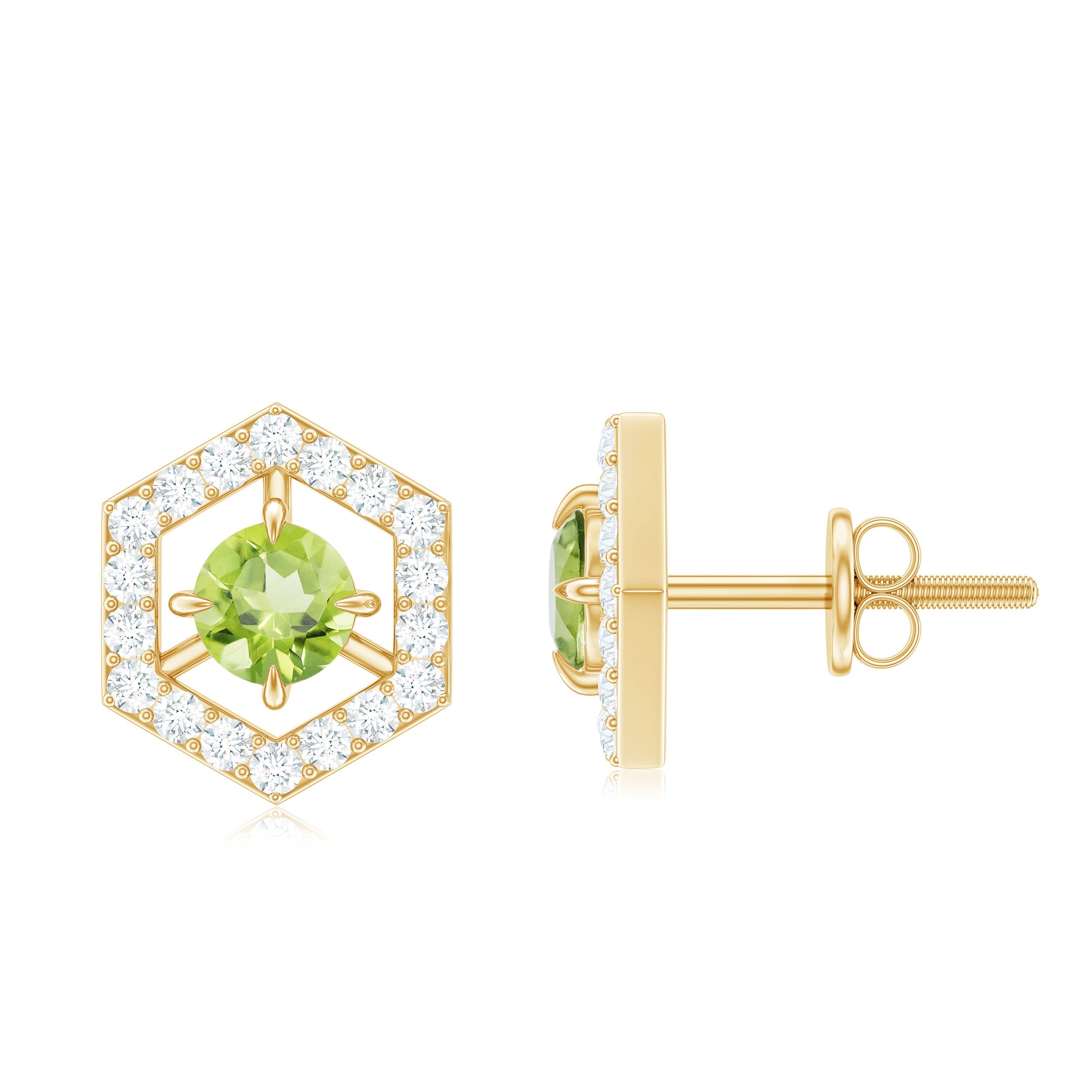 Peridot Stud Earrings - Minimalist Geometric Solid Gold With Diamond Accent