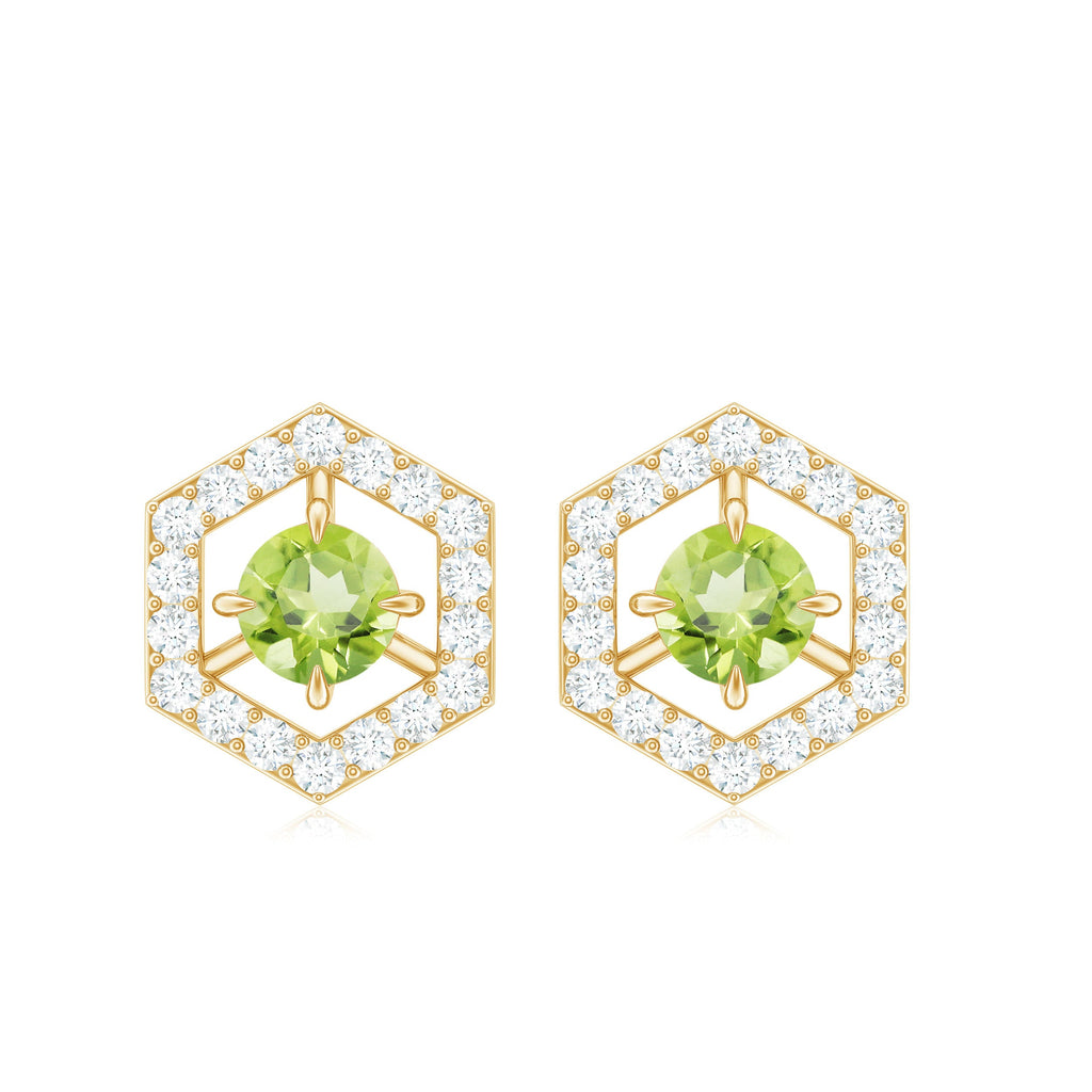 Peridot Stud Earrings - Minimalist Geometric Solid Gold With Diamond Accent