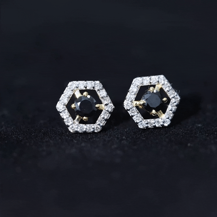 Black Spinel Earrings – Hexagon Stud Earrings with Diamonds | Hallmarked Metal