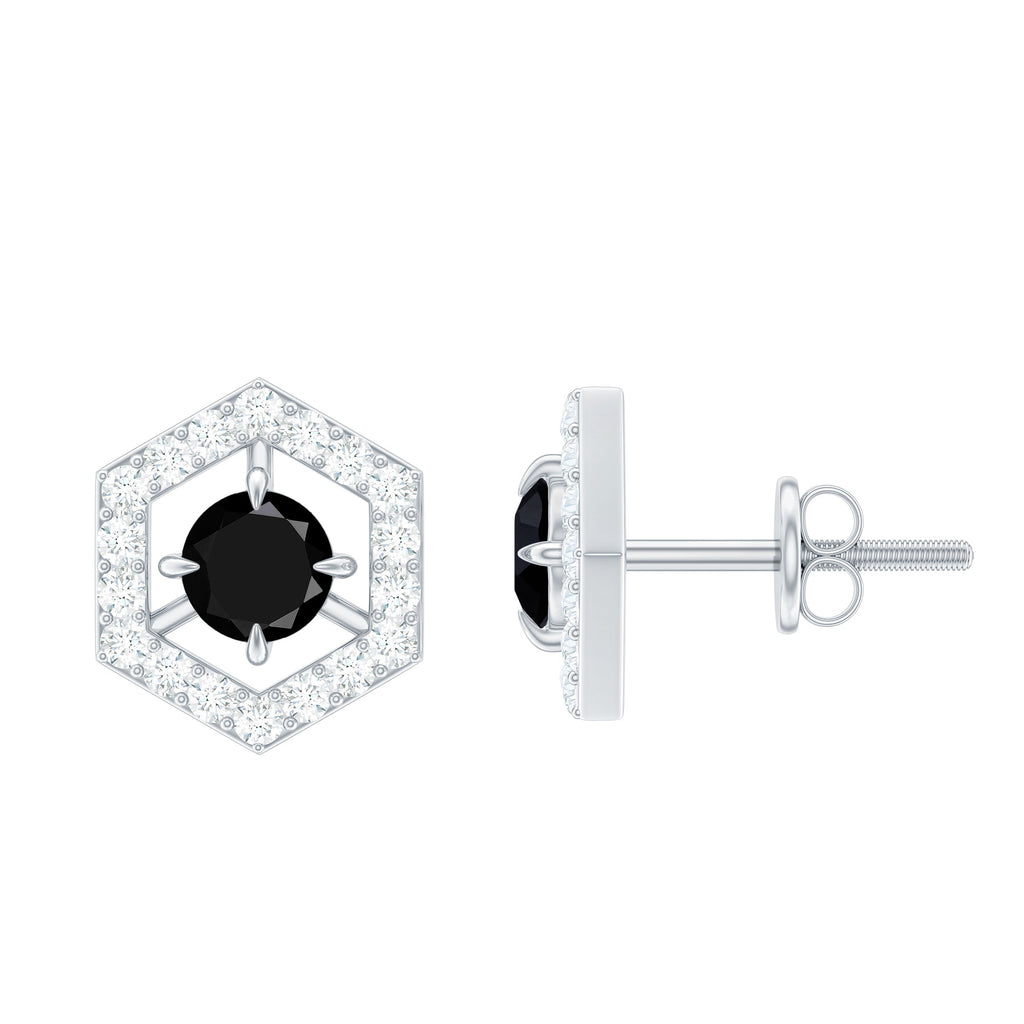 Black Spinel Earrings – Hexagon Stud Earrings with Diamonds | Hallmarked Metal