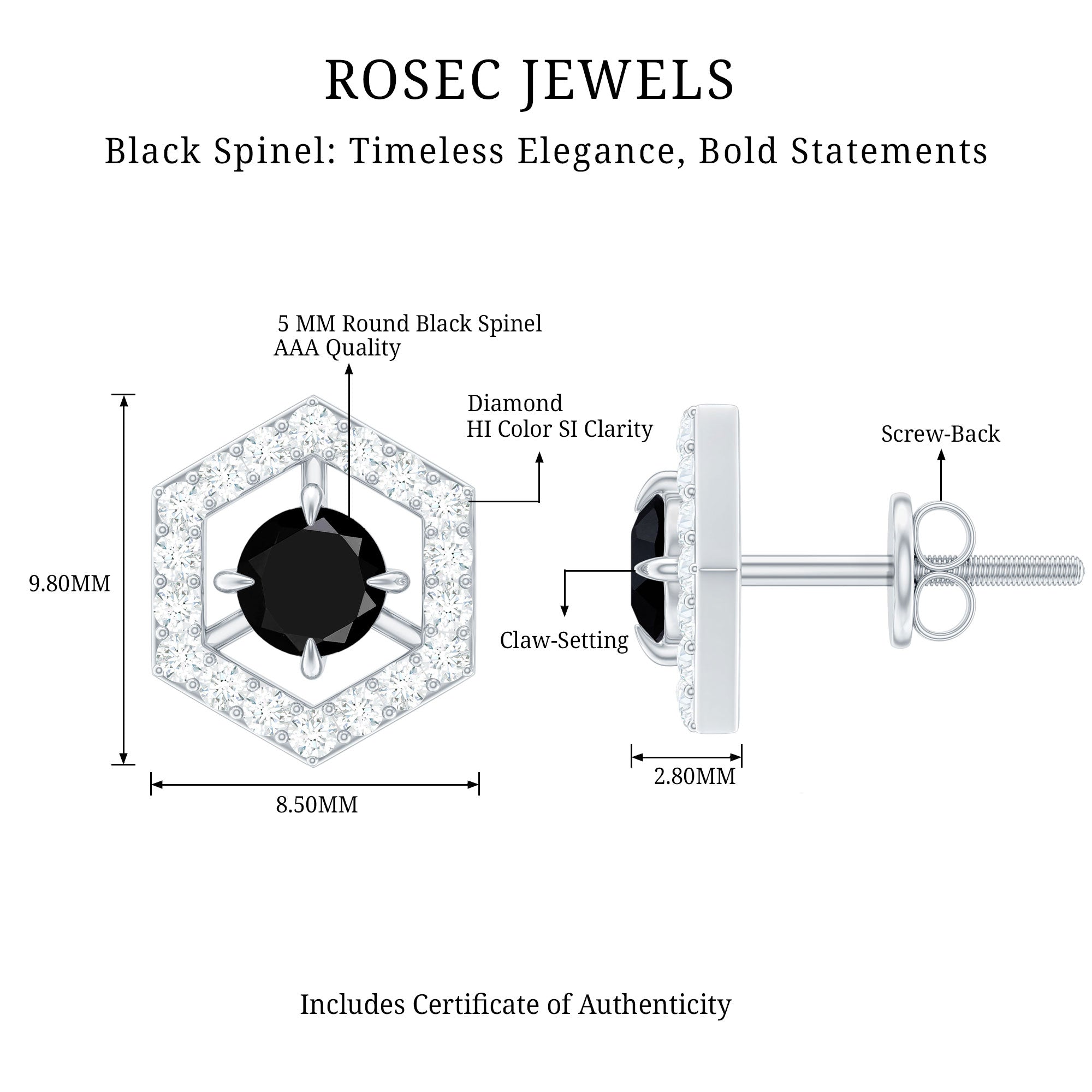 Black Spinel Earrings – Hexagon Stud Earrings with Diamonds | Hallmarked Metal