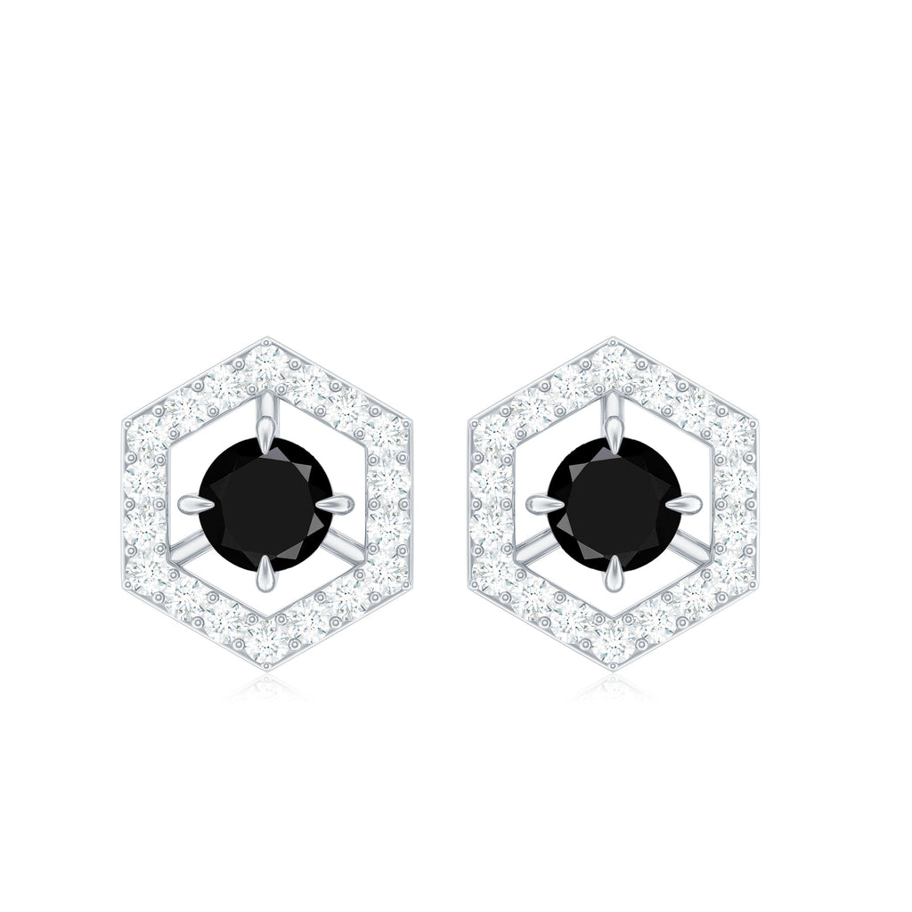 Black Spinel Earrings – Hexagon Stud Earrings with Diamonds | Hallmarked Metal
