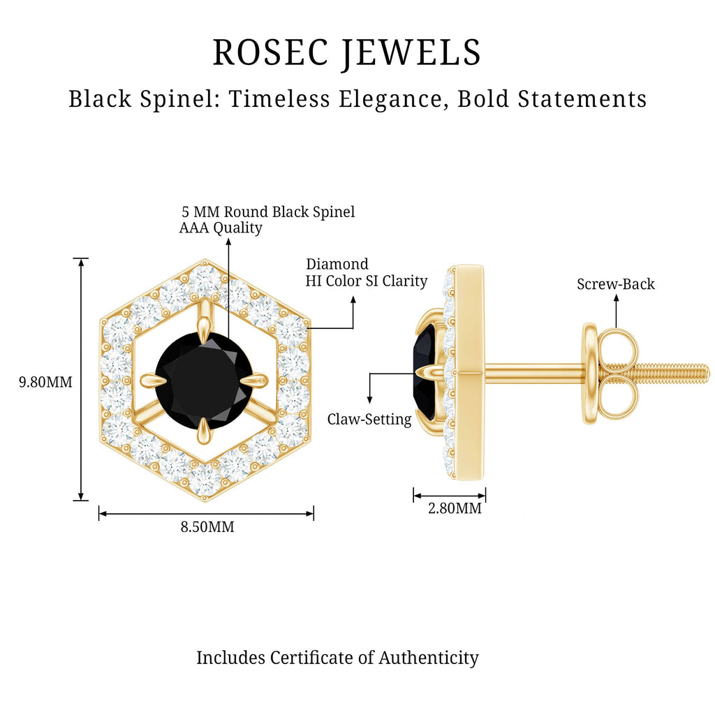 Black Spinel Earrings – Hexagon Stud Earrings with Diamonds | Hallmarked Metal