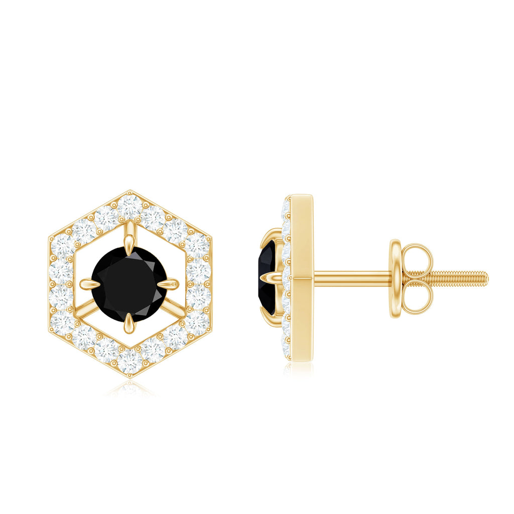Black Spinel Earrings – Hexagon Stud Earrings with Diamonds | Hallmarked Metal