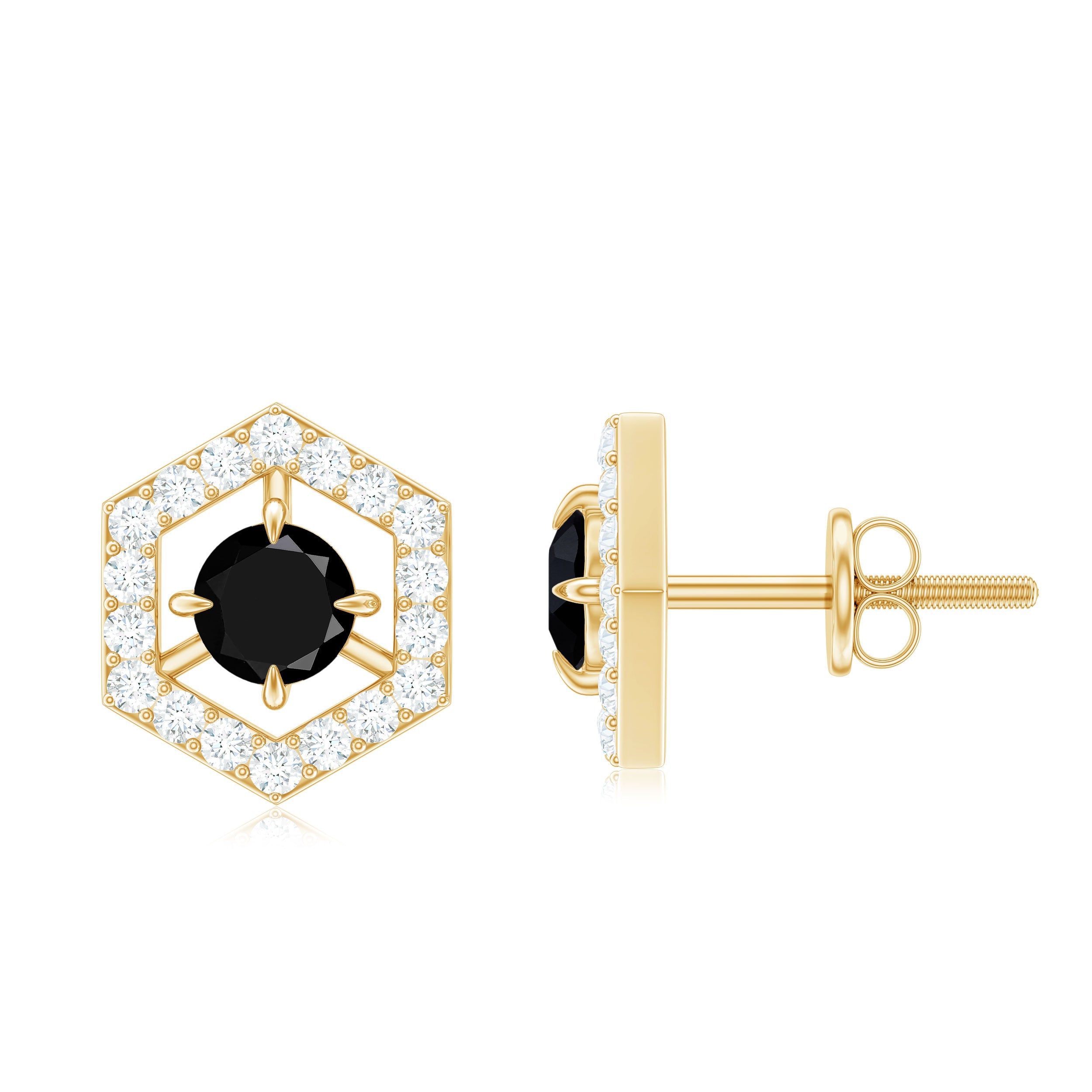 Black Spinel Earrings – Hexagon Stud Earrings with Diamonds | Hallmarked Metal