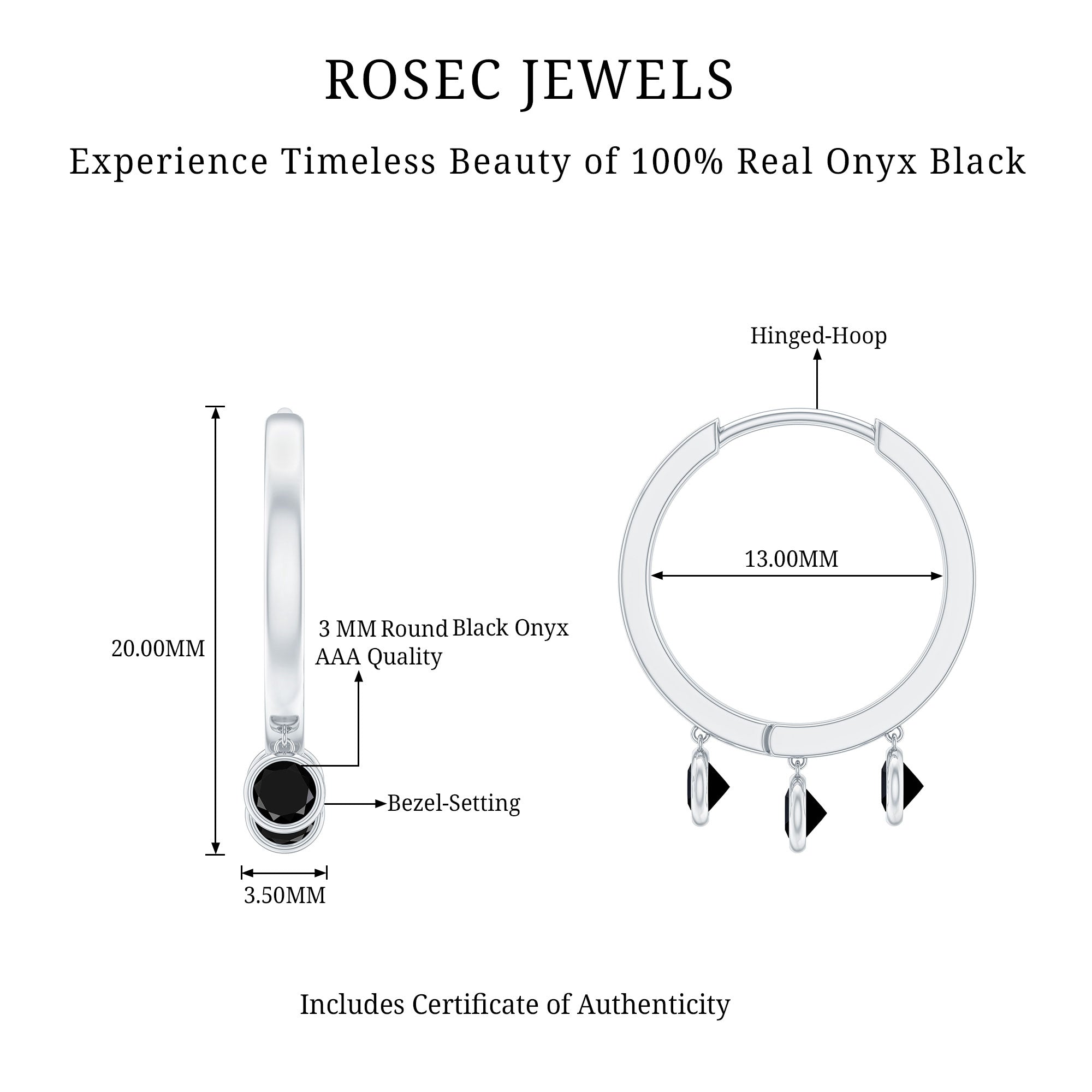 Genuine Black Onyx Hinged Hoop Drop Earrings