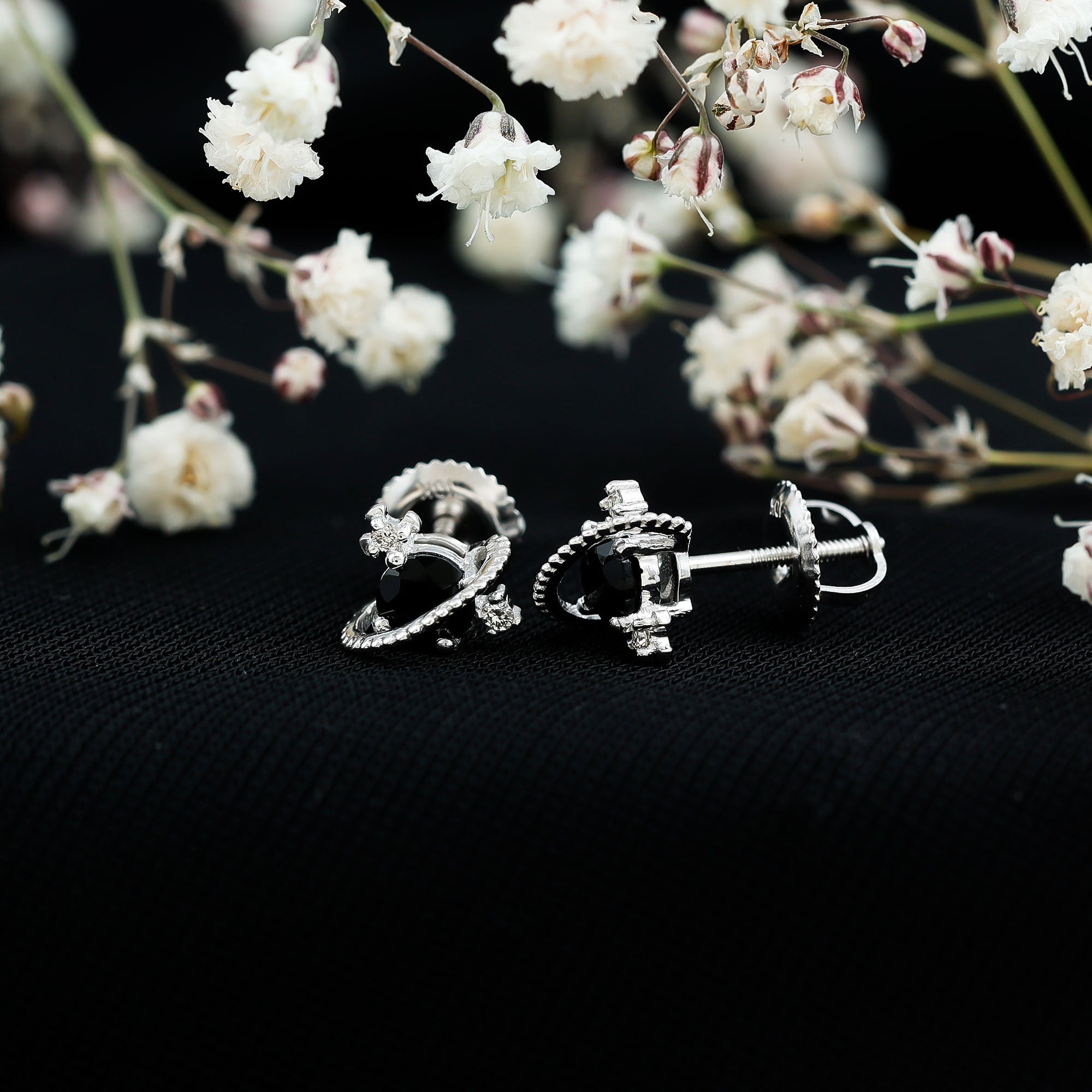 Real Black Onyx and Diamond Contemporary Stud Earrings