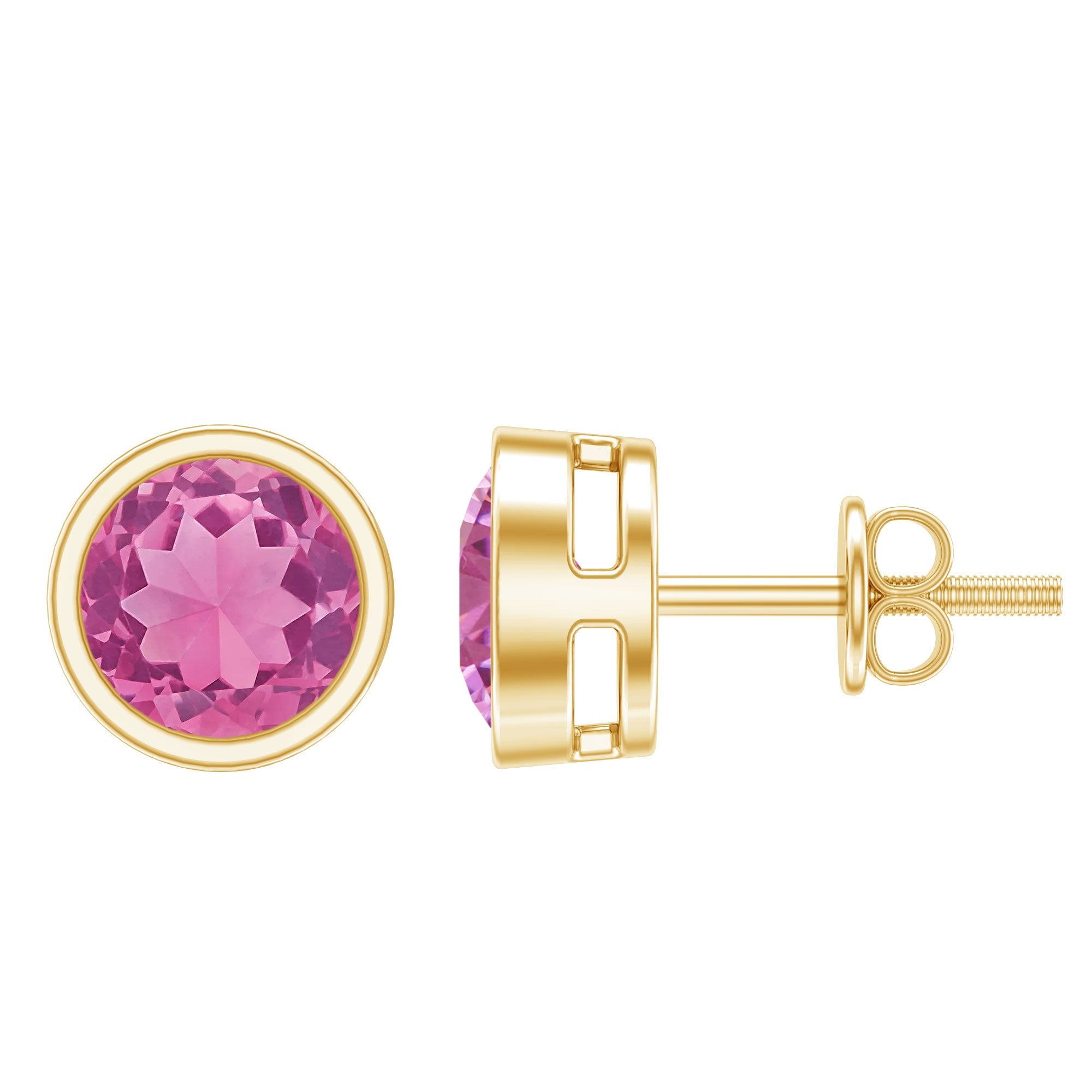 Round pink tourmaline solitaire stud earrings in yellow gold bezel setting