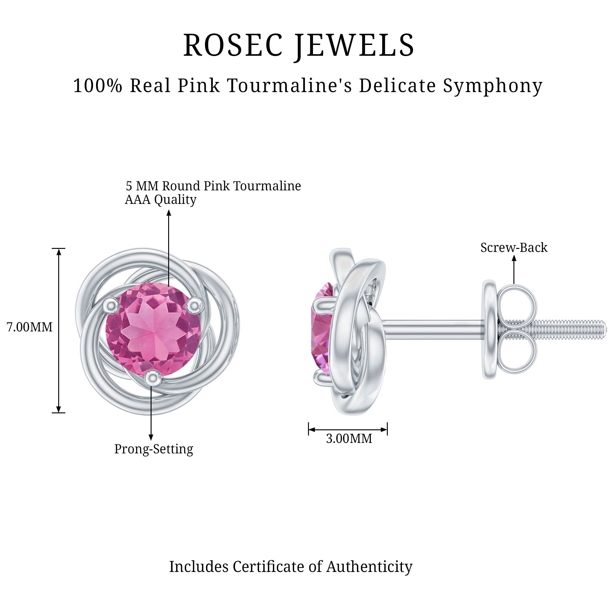 Pink Tourmaline Earrings - 0.9 Carat Solitaire Stud With Swirl Design