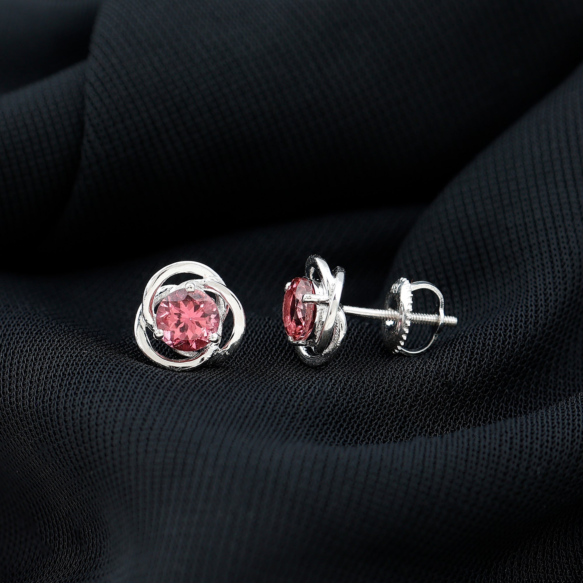 Pink Tourmaline Earrings - 0.9 Carat Solitaire Stud With Swirl Design