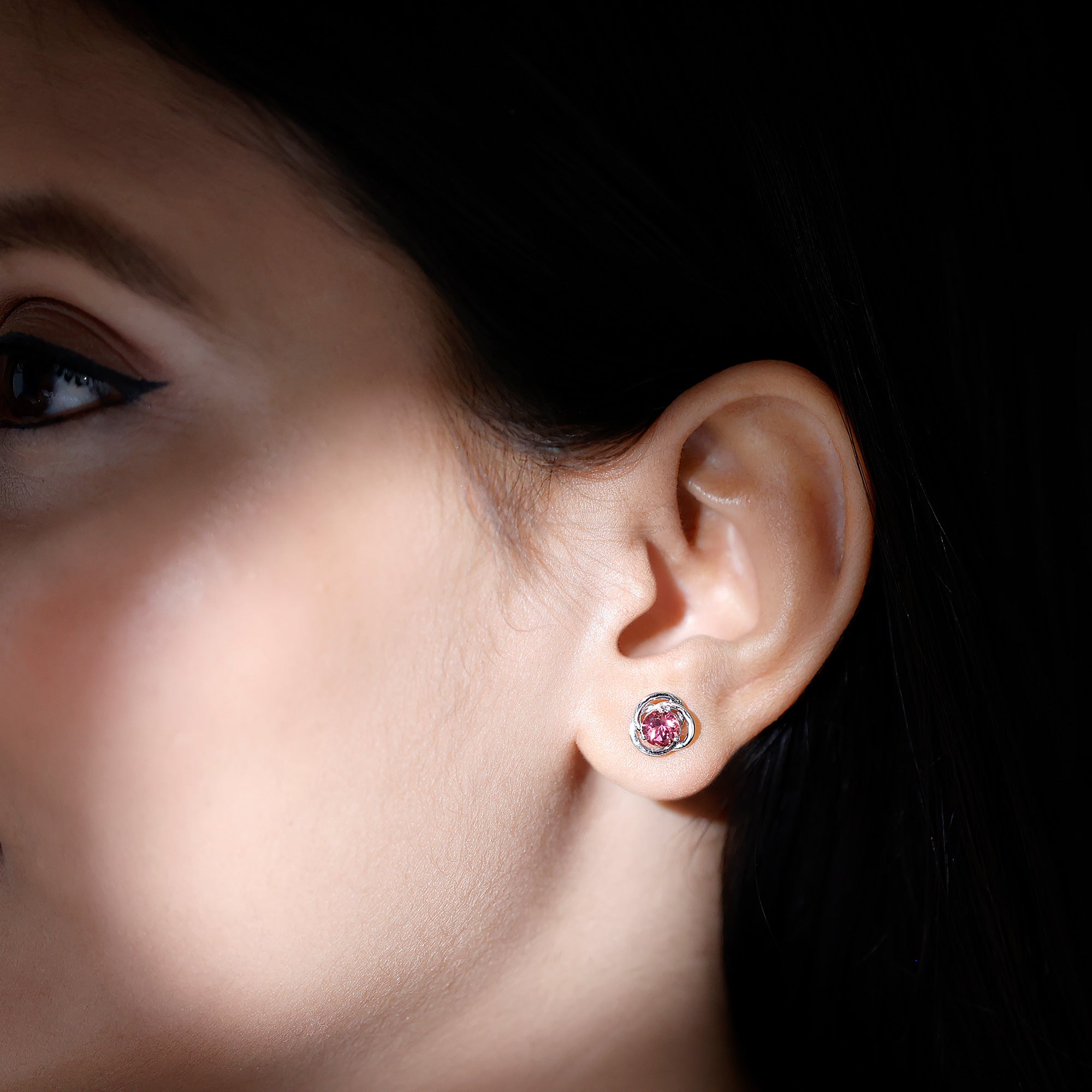 Pink Tourmaline Earrings - 0.9 Carat Solitaire Stud With Swirl Design