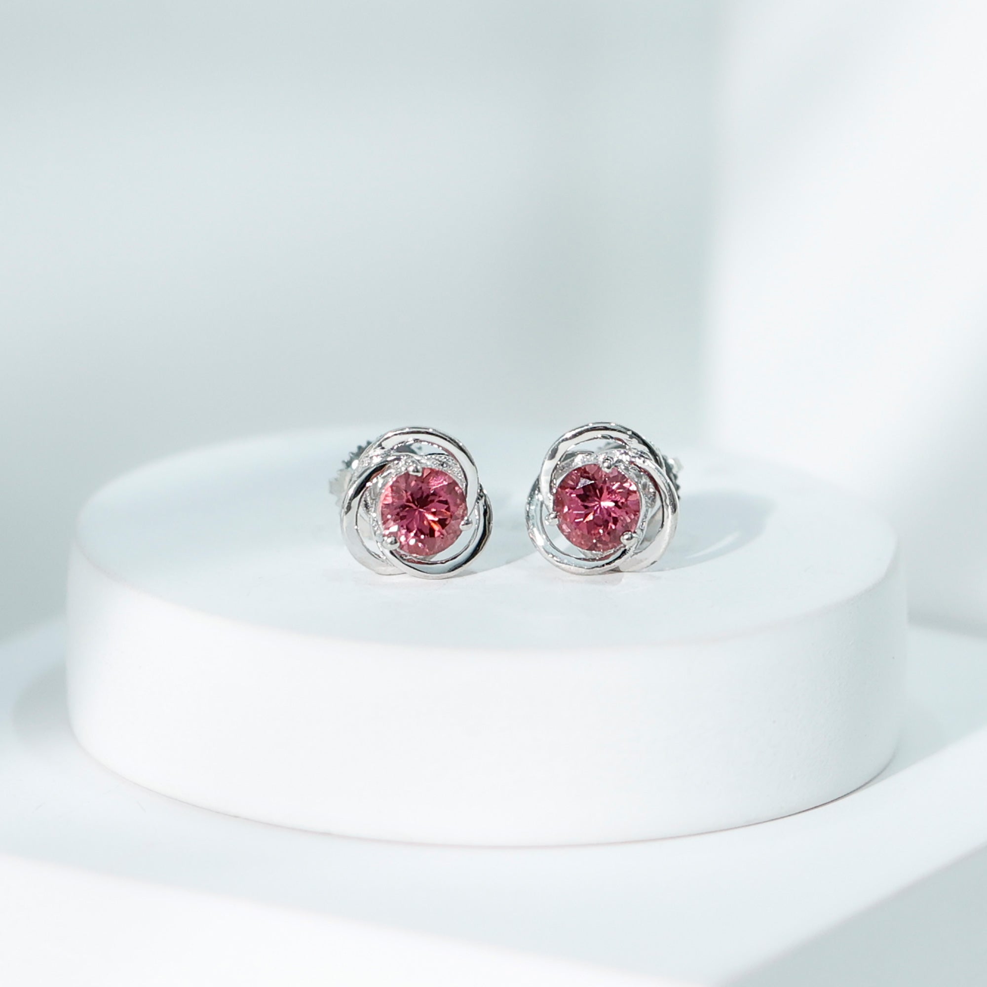 Pink Tourmaline Earrings - 0.9 Carat Solitaire Stud With Swirl Design