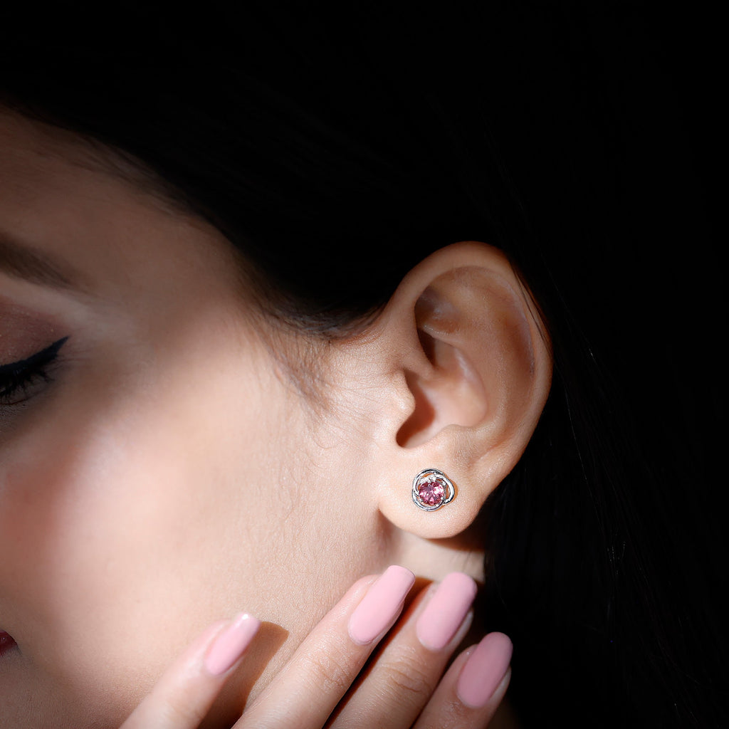 Pink Tourmaline Earrings - 0.9 Carat Solitaire Stud With Swirl Design