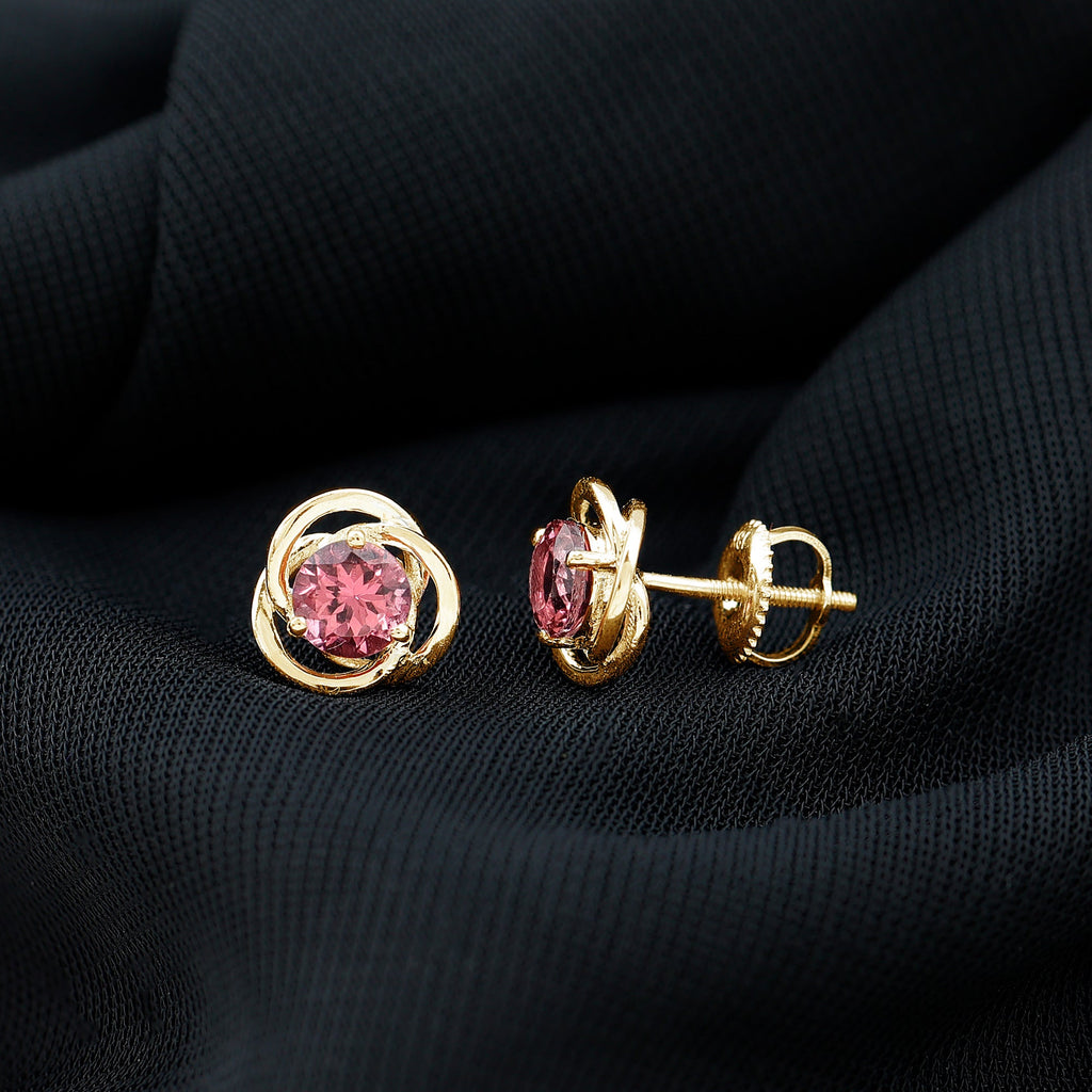 Pink Tourmaline Earrings - 0.9 Carat Solitaire Stud With Swirl Design