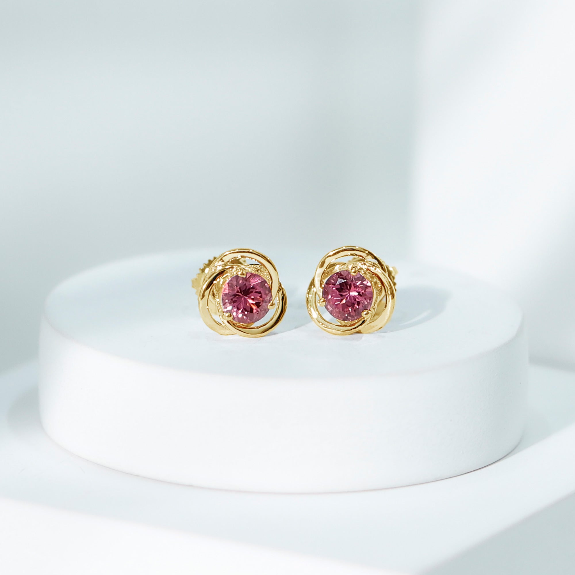 Pink Tourmaline Earrings - 0.9 Carat Solitaire Stud With Swirl Design