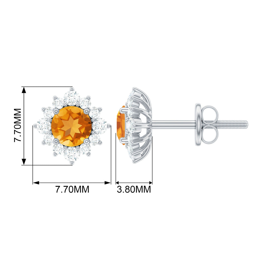Citrine Stud Earrings – 1 CT Round Citrine with Diamond Halo in Solid Gold