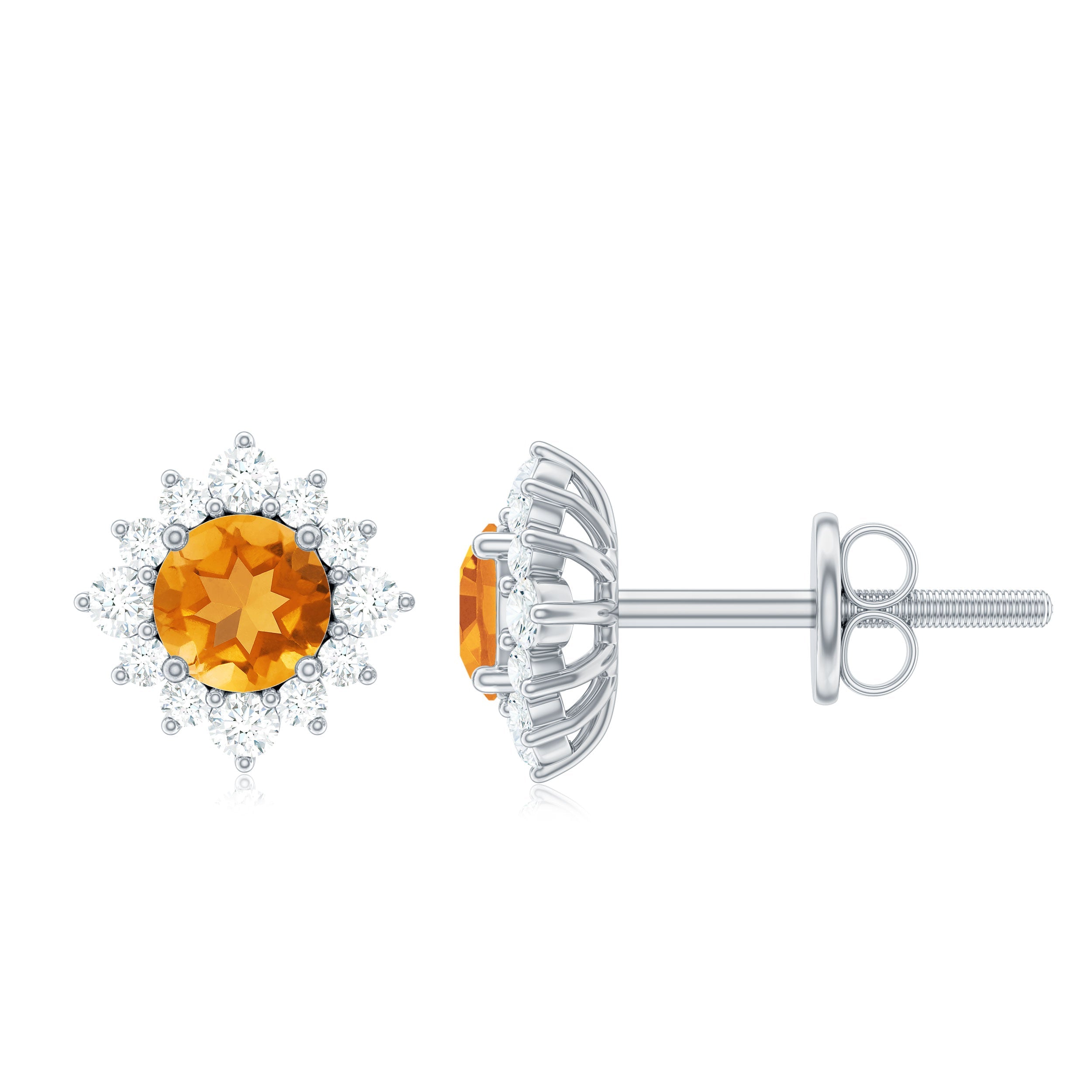 Citrine Stud Earrings – 1 CT Round Citrine with Diamond Halo in Solid Gold